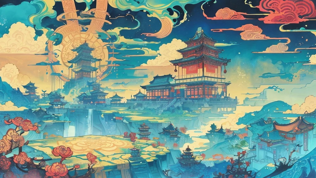 The game scene, the ancient Chinese palace is located above the clouds, surrounded by clouds and mist, majestic, glazed tiles, the big Buddha sitting on the sky, colorful, ((color ink)),(((splash ink)),((splash ink) ink) ink} ) ) , masterpiece, high quality, beautiful graphics, high detail