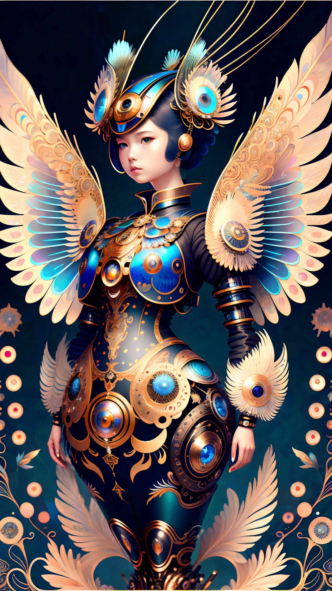 android mechnical girl,robot wings,earnst haeckel, james jean. generative art, baroque, intricate patterns, fractalism, movie still, photorealistic, vibrant peacock feathers, intricate, elegant, highly detailed, digital painting, artstation, smooth, sharp focus, illustration, outrun, vaporware,full body shot