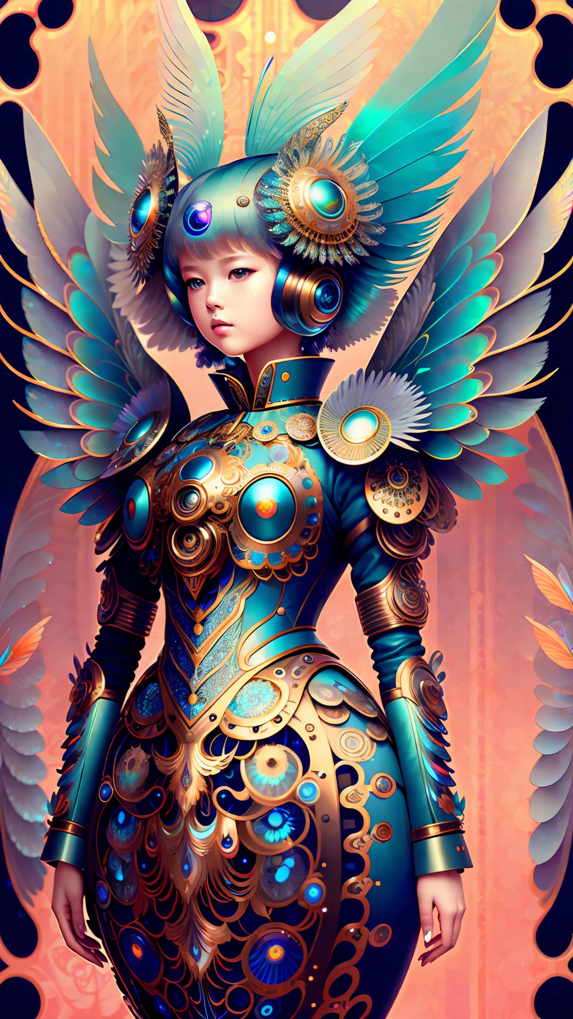 android mechnical girl,robot wings,earnst haeckel, james jean. generative art, baroque, intricate patterns, fractalism, movie still, photorealistic, vibrant peacock feathers, intricate, elegant, highly detailed, digital painting, artstation, smooth, sharp focus, illustration, outrun, vaporware,full body shot