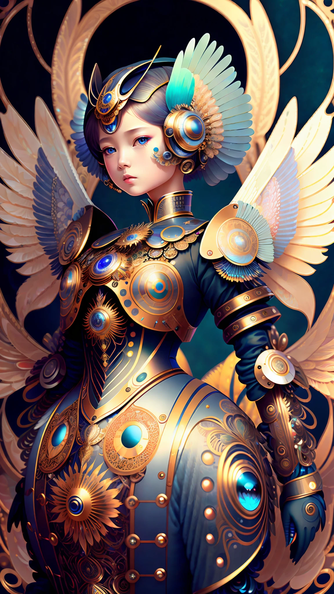 android mechnical girl,robot wings,earnst haeckel, james jean. generative art, baroque, intricate patterns, fractalism, movie still, photorealistic, vibrant peacock feathers, intricate, elegant, highly detailed, digital painting, artstation, smooth, sharp focus, illustration, outrun, vaporware,full body shot