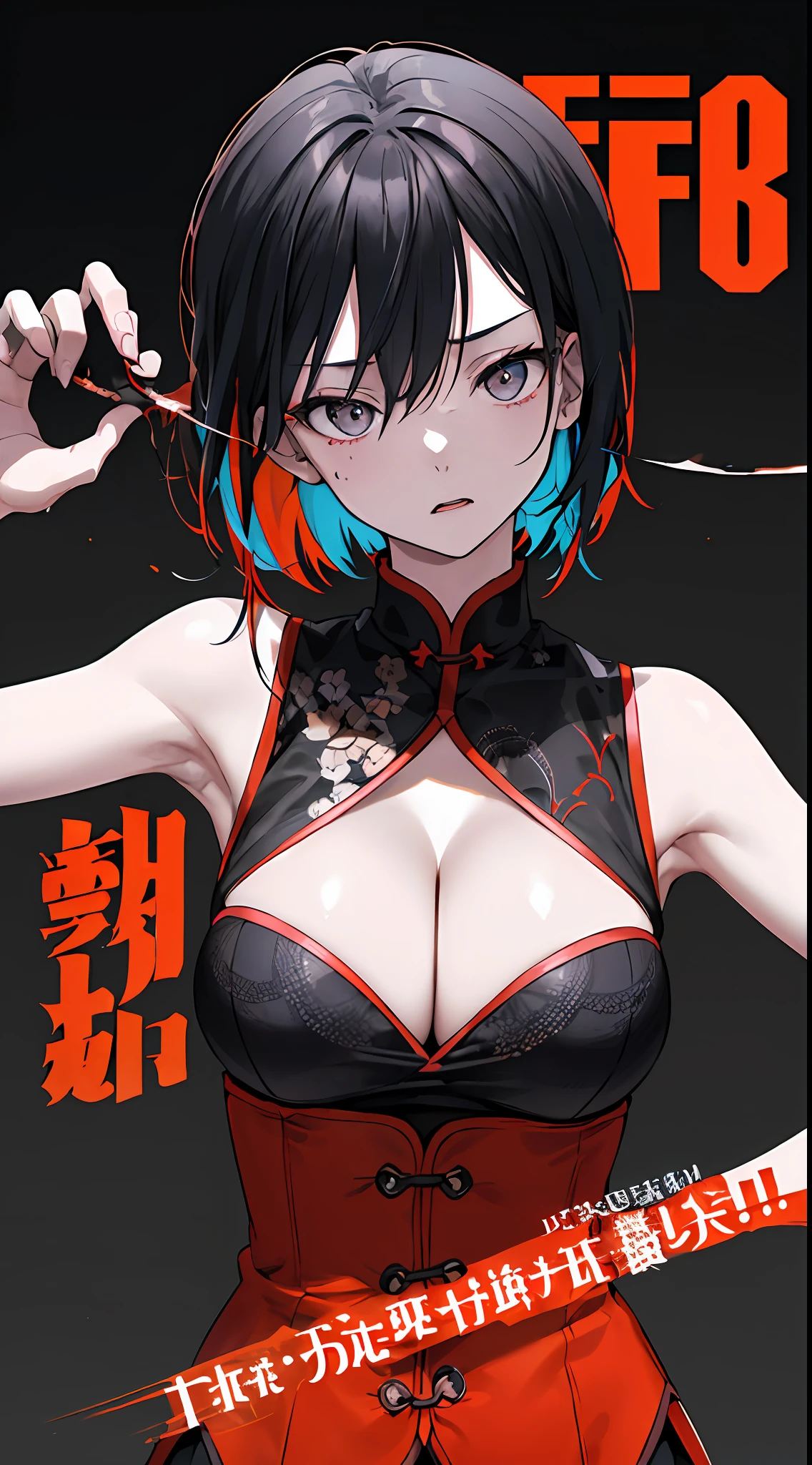 (((dramatic))), (((gritty))), (((intense)))) The movie poster features a young woman as the central character. She is shy in the center of the poster, wearing a cheongsam outfit, with large breasts showing cleavage, and a determined expression on her face. The background is dark and gritty, with a feeling of drunkenness. The text is bold and eye-catching, with catchy slogans that add to the overall drama and excitement. The color palette is dominated by dark colors, dotted with bright colors, giving the poster a dynamic and visual impact, tachi-e (magazine:1.3), (cover-style:1.3), fashionable, woman, vibrant, outfit, posing, front, colorful, dynamic, background, element, confident, expressive, holding, statement, attachment, majestic, coiled, around, touch, scene, text, cover, bold, eye-catching, title, fashion, font, catchy, title, bigger, eye-catching, modern, trendy, focused, stylish,
