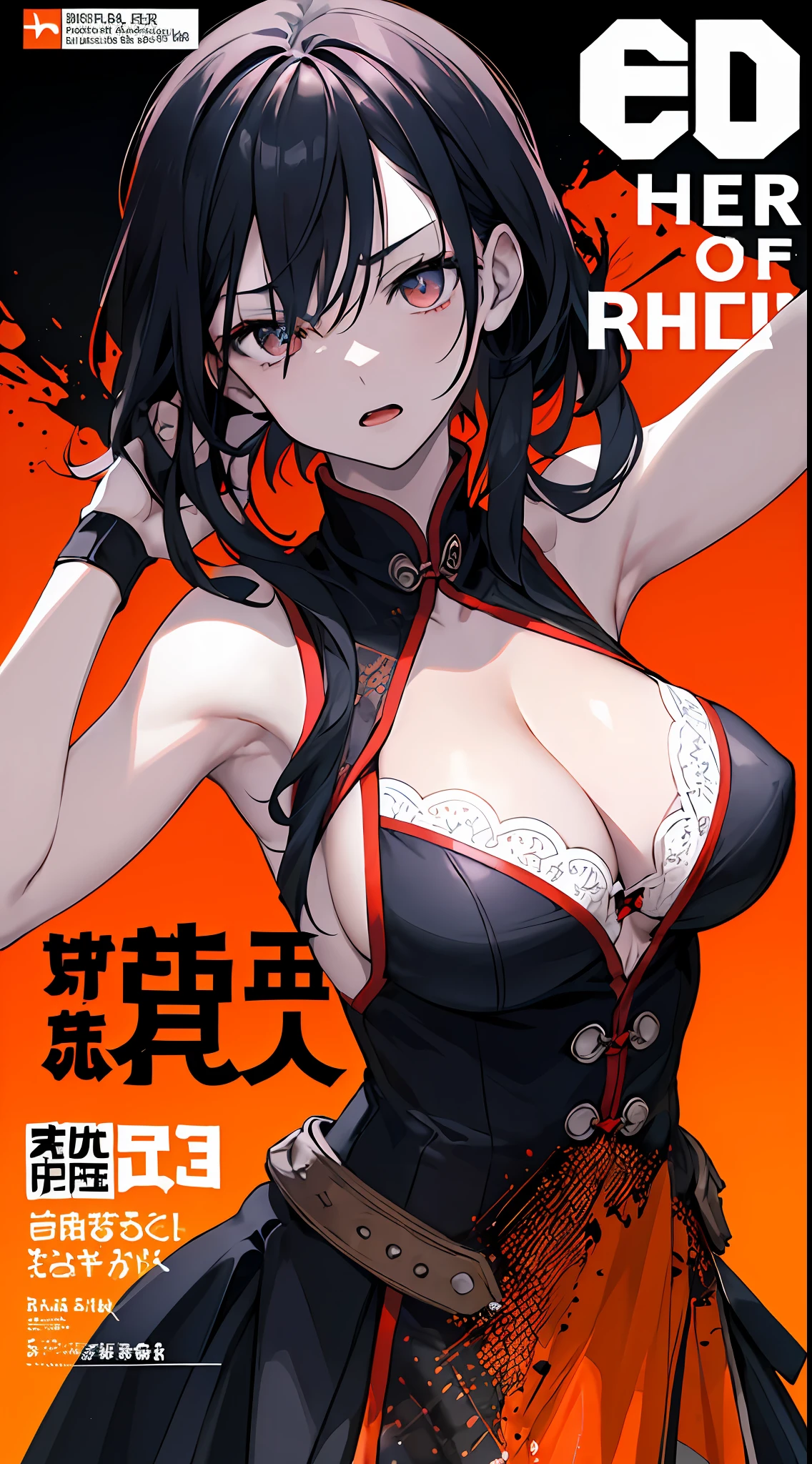 (((dramatic))), (((gritty))), (((intense)))) The movie poster features a young woman as the central character. She is shy in the center of the poster, wearing a cheongsam outfit, with large breasts showing cleavage, and a determined expression on her face. The background is dark and gritty, with a feeling of drunkenness. The text is bold and eye-catching, with catchy slogans that add to the overall drama and excitement. The color palette is dominated by dark colors, dotted with bright colors, giving the poster a dynamic and visual impact, tachi-e (magazine:1.3), (cover-style:1.3), fashionable, woman, vibrant, outfit, posing, front, colorful, dynamic, background, element, confident, expressive, holding, statement, attachment, majestic, coiled, around, touch, scene, text, cover, bold, eye-catching, title, fashion, font, catchy, title, bigger, eye-catching, modern, trendy, focused, stylish,