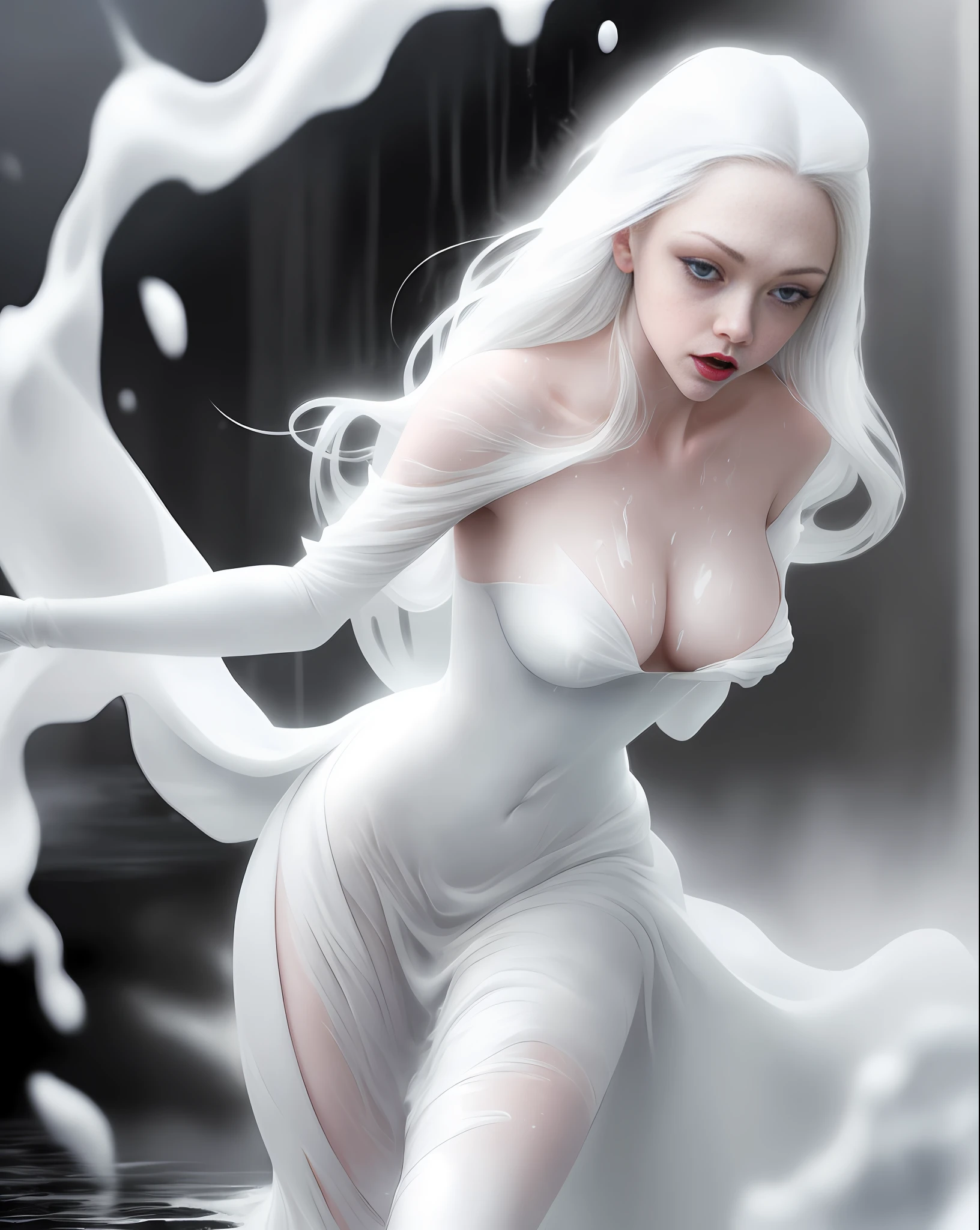 AMANDA SEYFRIED with her breasts covered by a viscous white liquid running down her body, viscous white fabric, her body and face is wet, blue eyes, white hair, black lipstick, dress of viscous white fabric running down the floor, cold place, falling snow, blizzard, slimy white gloves, white background, snowflakes, ice, lots of fog in the background, (photo with best quality, a masterpiece, sensuality and elegance, depth of field, HD, photograph taken by Sony R7 camera with 85mm Full frame lenses, f1.2 aperture), portrait style