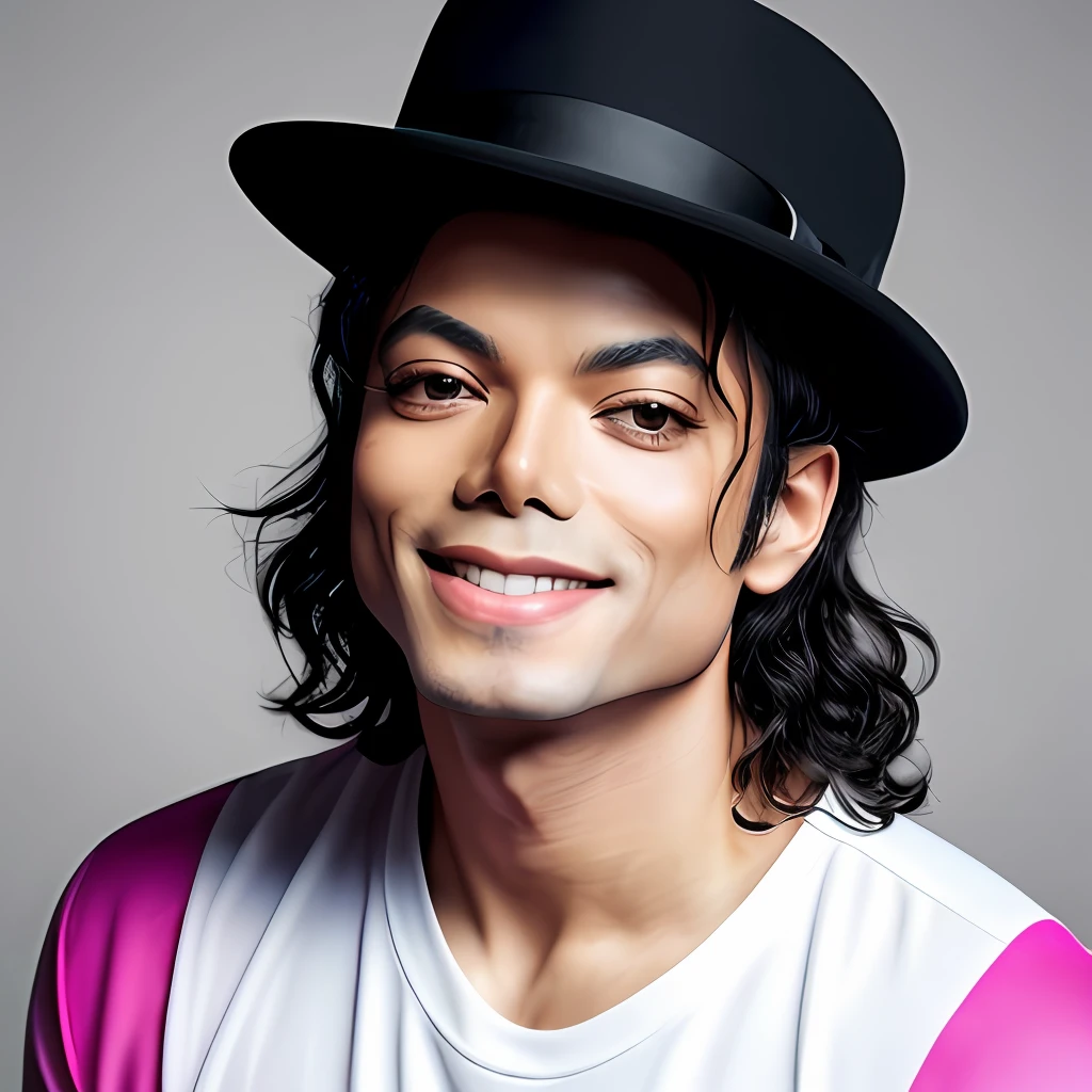 Michael Jackson, smiling, teeth, wearing hat, background gradient, original simulation style, charming gaze, charming expression. The background should be a simple gradient, pay close attention to details such as highlights and shadows on his face and hair to create a realistic and realistic image. Try different lighting techniques to enhance the mood and atmosphere of your portrait. Highly Detailed Skin, Skin Detail, Sharp Focus, Volumetric Fog, 8K UHD, SLR, High Quality, Film Grain, Fujifilm XT3, (Best Quality: 1.4), (Masterpiece: 1.4), (Detail: 1.3), (Best Quality: 1.4), (Masterpiece: 1.4), (Detail: 1.3), (Color Gradient Background: 1.5, Close Up: 1.5), (Realism: 1.4), (Best Quality: 1.0), (Super High Resolution: 1.0)