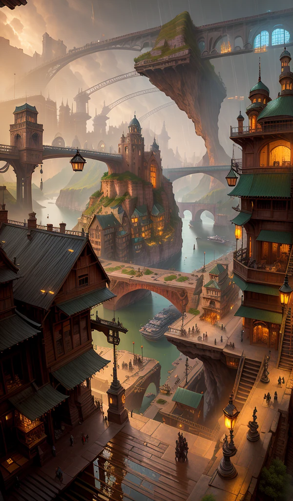 ((masterpiece)),((best quality)),((high detial)),((realistic,)) Industrial age city, deep canyons in the middle, architectural streets, bazaars, Bridges, rainy days, steampunk, European architecture