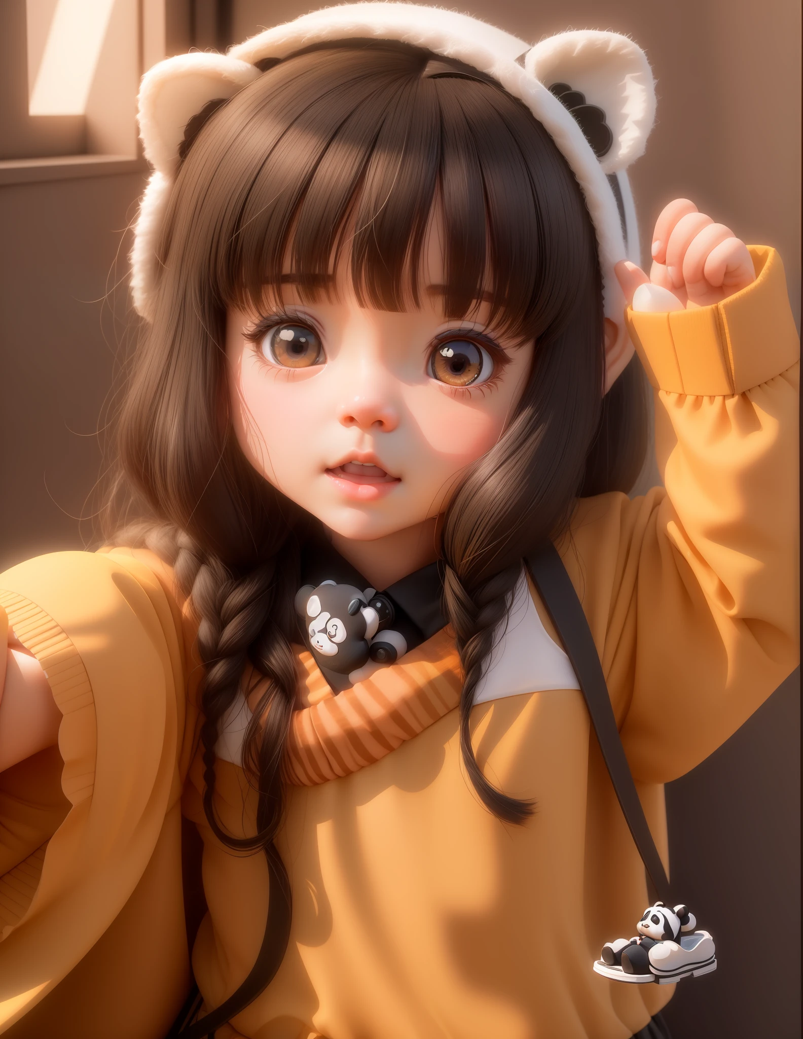 Cute little girl with big watery eyes, full body, delicate shoes, delicate hair, panda, cute black and white clothes, bamboo, small tiger teeth, popmart blind box, clay texture, clean background, natural light, best quality, ultra detail, 3d art, c4d, blender, oc renderer, 3d render, 8k