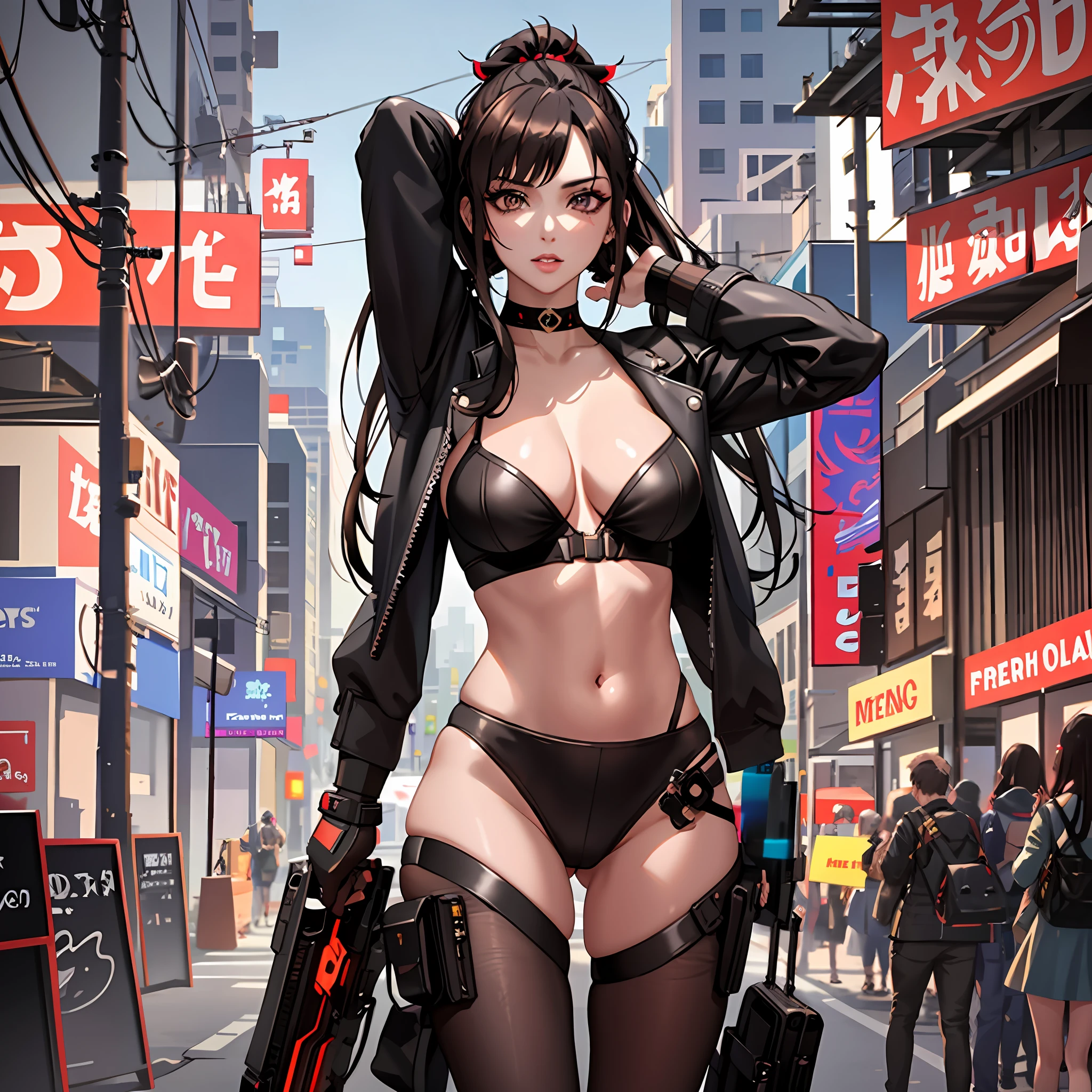"Masterpiece, high quality, detailed, high resolution, 4k, 8k, realistic skin texture, amazing shadows, perfect lighting, realistic." the female protagonist of a cyberpunk game, long dark hair with ponytail on top, shaved on sides, dark eyeline, defined eyes, brown eyes, choker, defined face, makeup, fair skin, small ?????, cyberpunk theme, posing for sensual pics, arms up,  armpit, sensual black armor, navel on display, realistic,