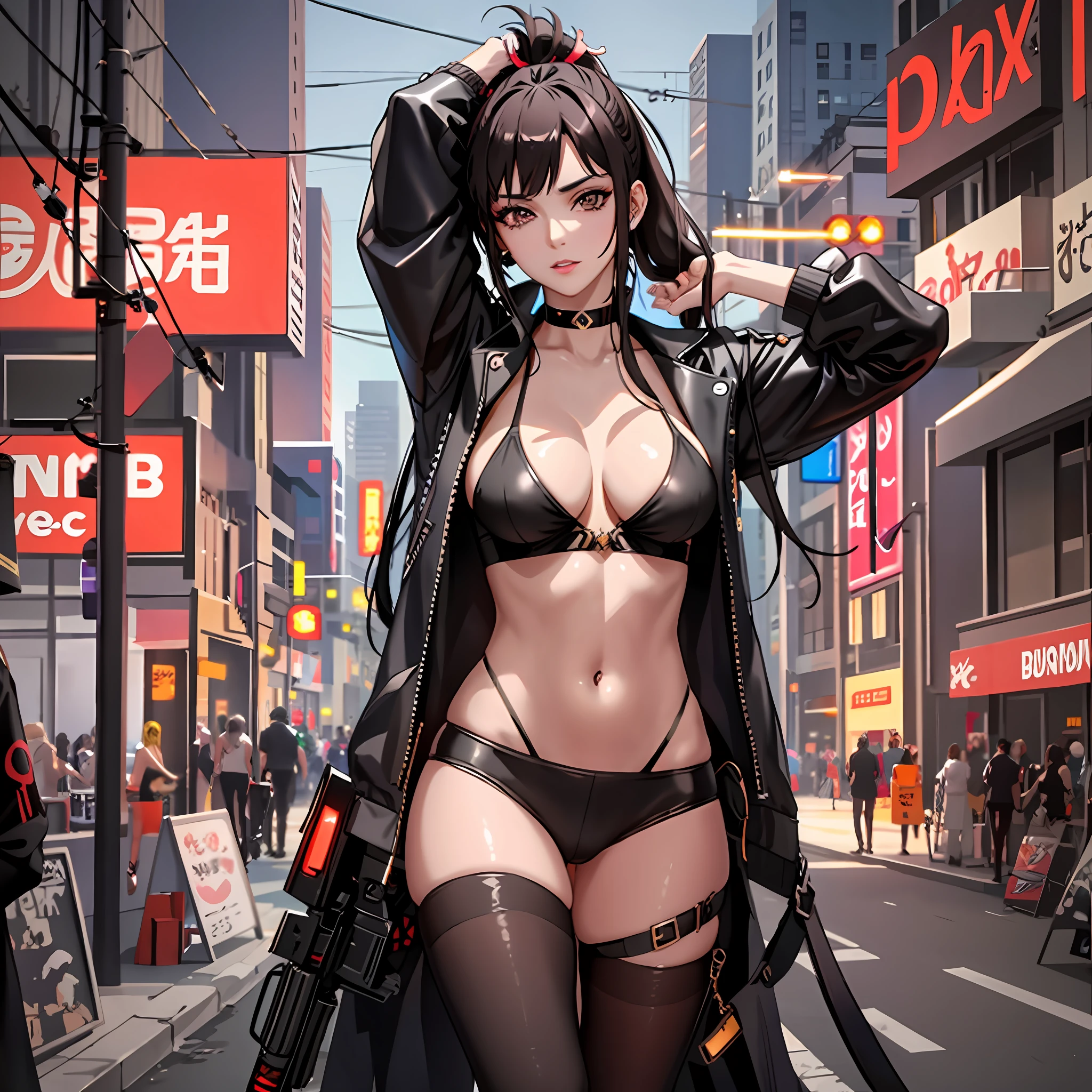 "Masterpiece, high quality, detailed, high resolution, 4k, 8k, realistic skin texture, amazing shadows, perfect lighting, realistic." the female protagonist of a cyberpunk game, long dark hair with ponytail on top, shaved on sides, dark eyeline, defined eyes, brown eyes, choker, defined face, makeup, fair skin, small boobs, cyberpunk theme, posing for sensual pics, arms up,  armpit, sensual black armor, navel on display, realistic,