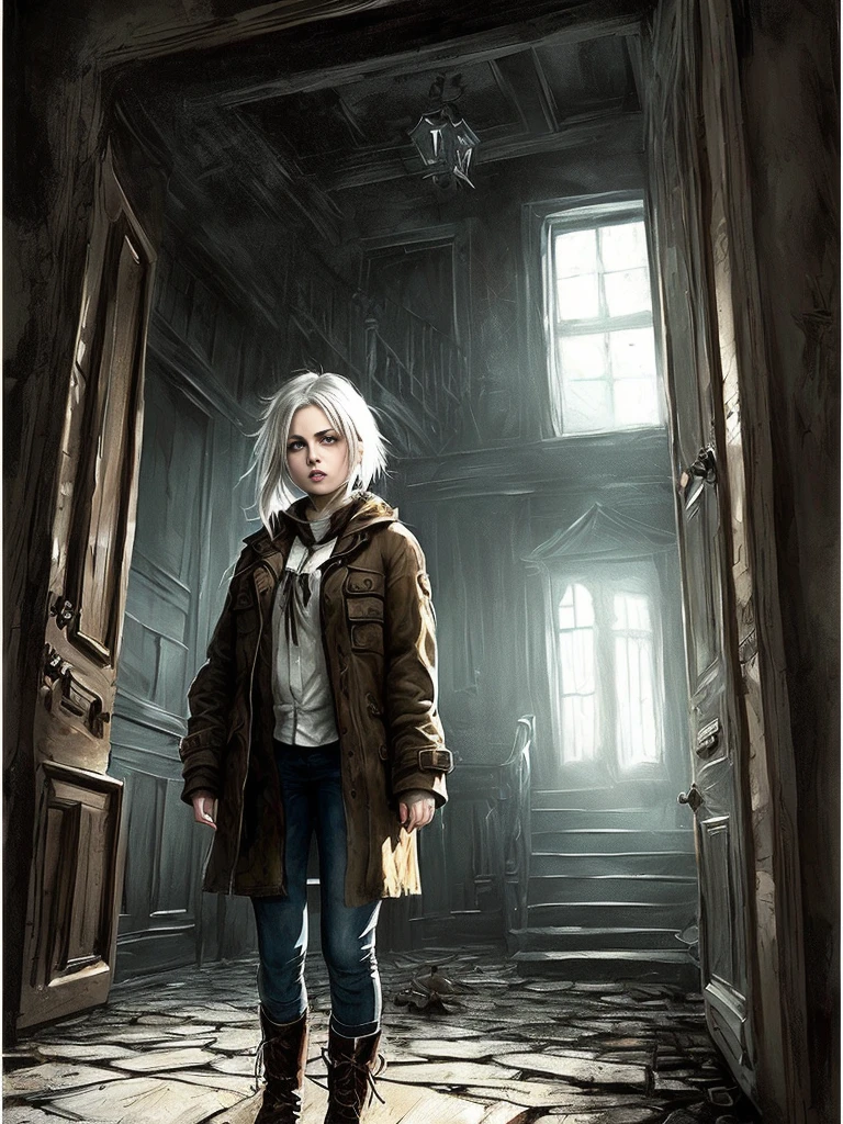 (suspense scene ((PAINTED CONCEPT ART)) extremely detailed with a girl wearing jeans with brown coat and boots), (better lighting, better shadow, an extremely delicate and scary), (an oil painting), ((4k painting)), [(dynamic angle,((1girl)),white hair, (dirty beautiful face, perfect face, scared,) expression of fear, torn clothes, scratched face, a gun in hand,  sitting on the ground, darkness, scary house),:(dark, mysterious, game painting, sinister scenery, jagged corridors, big house, deadly silence):]