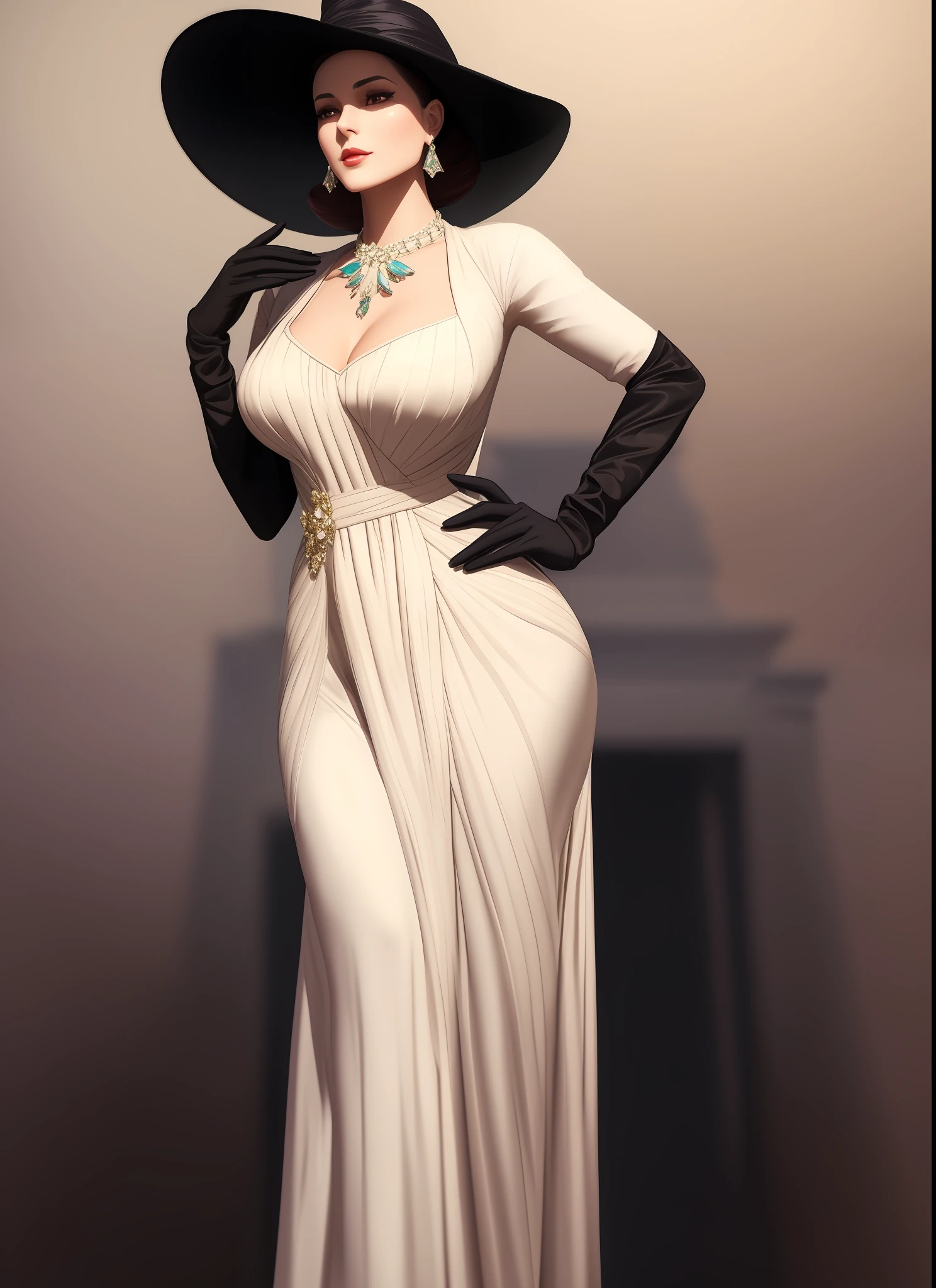araffe woman in a long dress and hat posing for a picture, lady dimitrescu, elegant glamor pose, divine render, elegant cinematic pose, on a mannequin. high resolution, digital art of an elegant, elegant posed, doing an elegant pose over you, glamorous fashion pose, elegant woman, 3 d render character art 8 k, elegant lady, classical witch