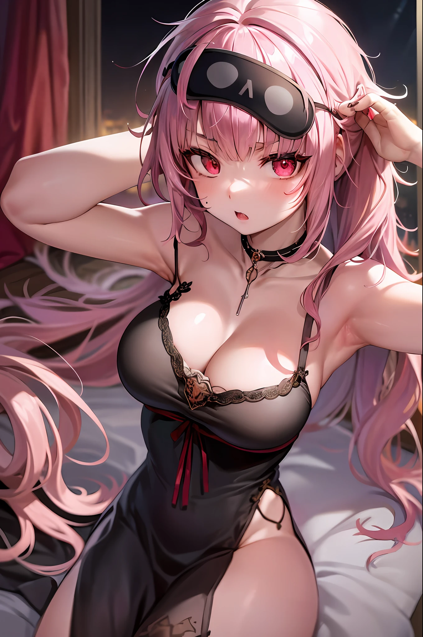 Masterpiece, absurdres, fine detail, HDR, highly detailed face and eyes, photorealistic, ((callisleepwear)), (sleepwear), ((night)), ((dark background)), ((dark window)), ((strap slip)),
1girl, armpits, arms_up, bangs, bed_sheet, blunt_bangs, blush, bound, breasts, choker, cleavage, collarbone, curtains, eyebrows_visible_through_hair, eyewear_on_head, jewelry, large_breasts, long_hair, looking_at_viewer, mori_calliope, open_mouth, pink_eyes, pink_hair, sitting, solo, errect under clothes, messy hair, ((dress)),