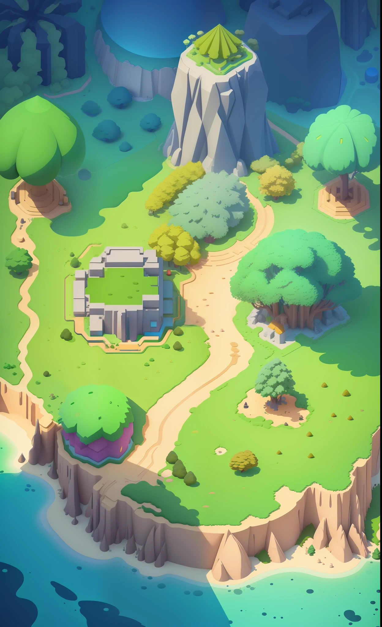 game map,( game concept art design:1.1), isometric art, (cartoon hand drawn style:1.2), simple geometry,(colorful:0.6),detail,flat game art,3d,low mesh, overlooking,viewed from above,plat,(bush,:1.2),(night:1.3),(interiors:1.3),surrounding walls, stone pillars, flat land in the middle, tropical rainforest, coconut trees, shrubs, grass,game engine rendering, super high quality rendering, crisp lines, geometry,masterpiece,best quality,official art,C4D,extremely detailed CGunity 8K wallpaper, highly detailed, illustration,unreal engine,artstation,unreal 5, daz, hyperrealistic, octane render, high-quality shadows,