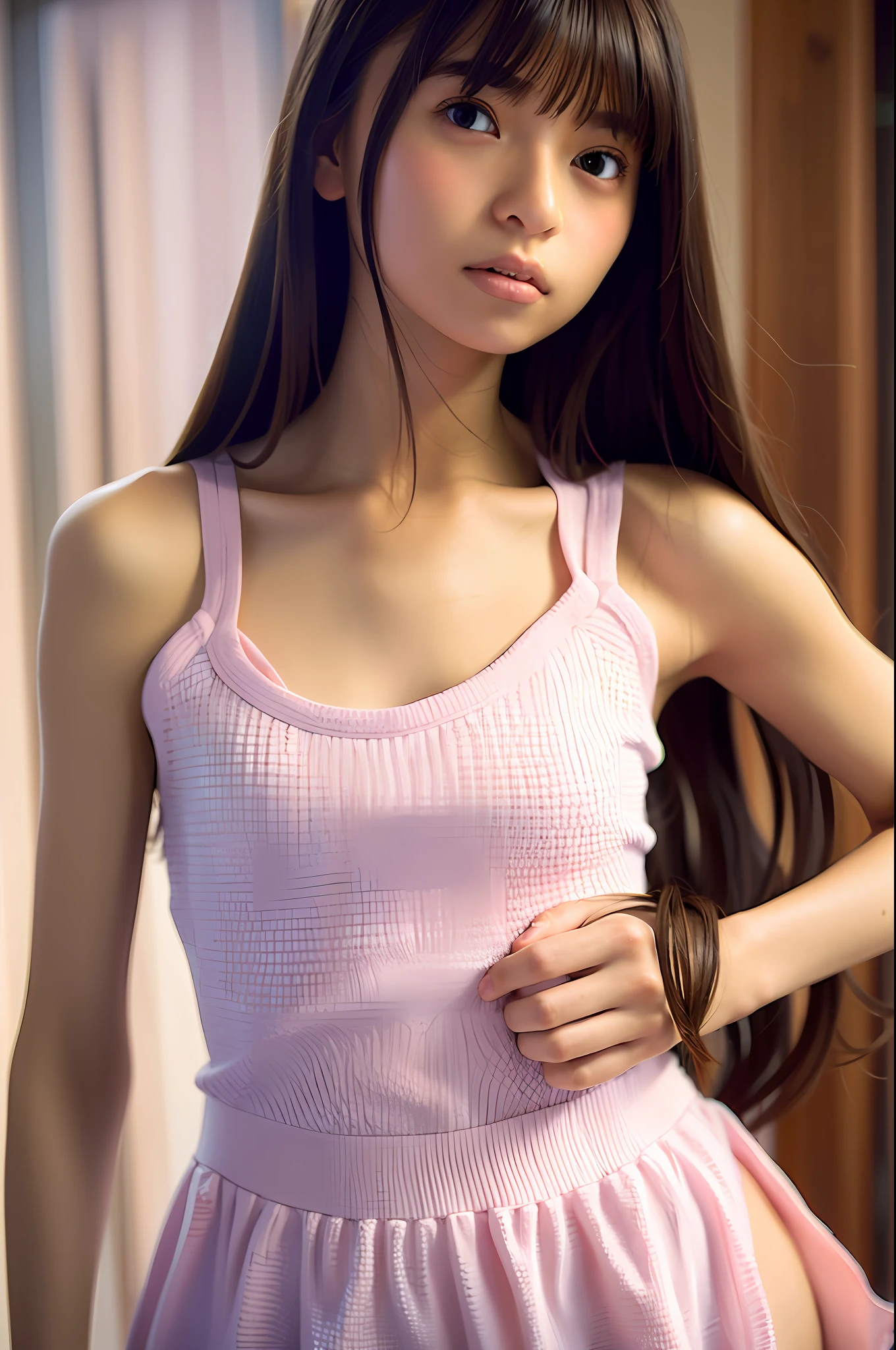 Good hands, 4K, high-resolution, masterpiece, top quality, head: 1.3, (petite teenage girl spreading her legs), fine skin, sharp focus, (cinematic lighting), collarbone, morning, soft lighting, dynamic angle, [: (Detailed face: 1.2): 0.2], side wrinkles, thigh gaps, tank top, slender, medium breasts, cleavage,
Full-bodied