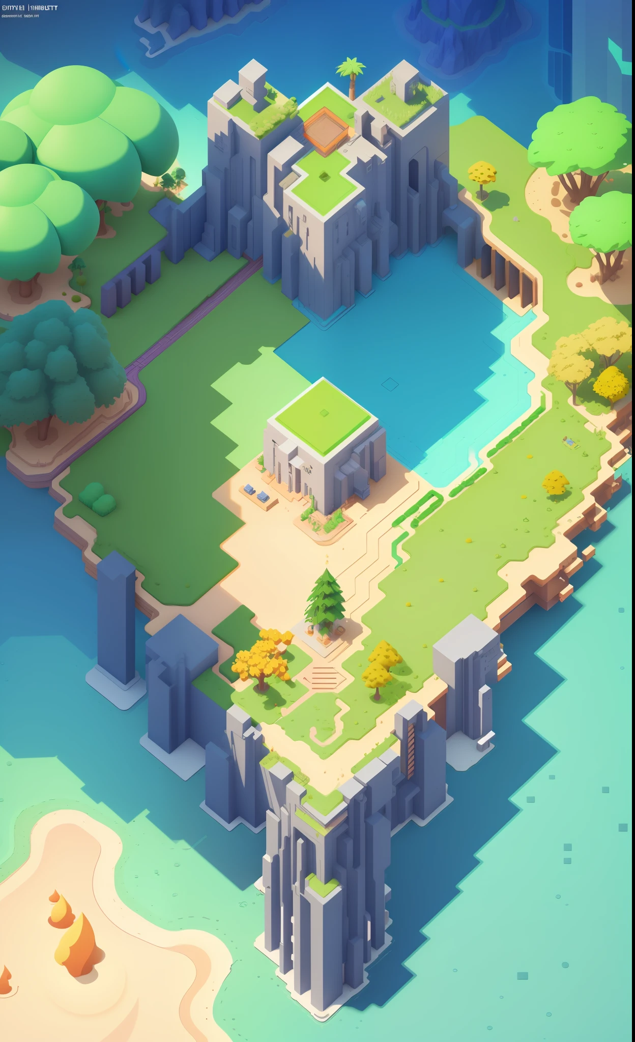 game map,( game concept art design:1.1), isometric art, (cartoon hand drawn style:1.2), simple geometry,(colorful:0.6),detail,flat game art,3d,low mesh, overlooking,viewed from above,plat,(bush,:1.2),(night:1.3),(interiors:1.3),surrounding walls, stone pillars, flat land in the middle, tropical rainforest, coconut trees, shrubs, grass,game engine rendering, super high quality rendering, crisp lines, geometry,masterpiece,best quality,official art,C4D,extremely detailed CGunity 8K wallpaper, highly detailed, illustration,unreal engine,artstation,unreal 5, daz, hyperrealistic, octane render, high-quality shadows,