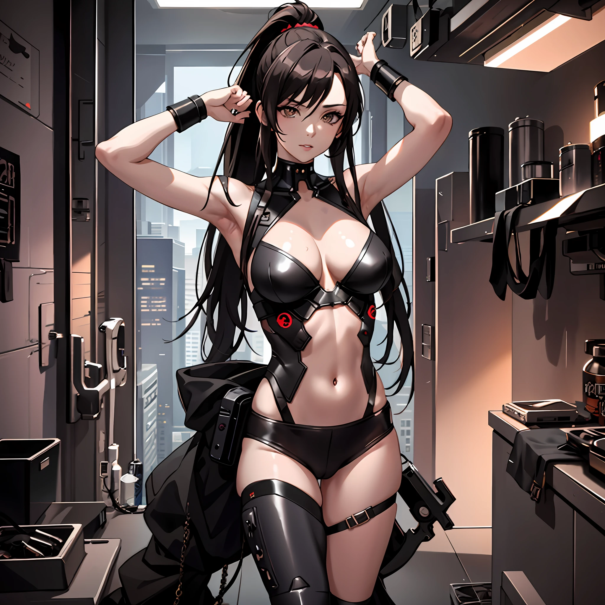 "Masterpiece, high quality, detailed, high resolution, 4k, 8k, realistic skin texture, amazing shadows, perfect lighting, hyper-realistic." the female protagonist of a cyberpunk game, long dark hair with ponytail on top, shaved on sides, dark eyeline, defined eyes, brown eyes, choker, defined face, makeup, fair skin, small boobs, cyberpunk theme, posing for sensual pics, arms up, Armpit, sensual black armor, navel showing, realistic, in bed, detailed room