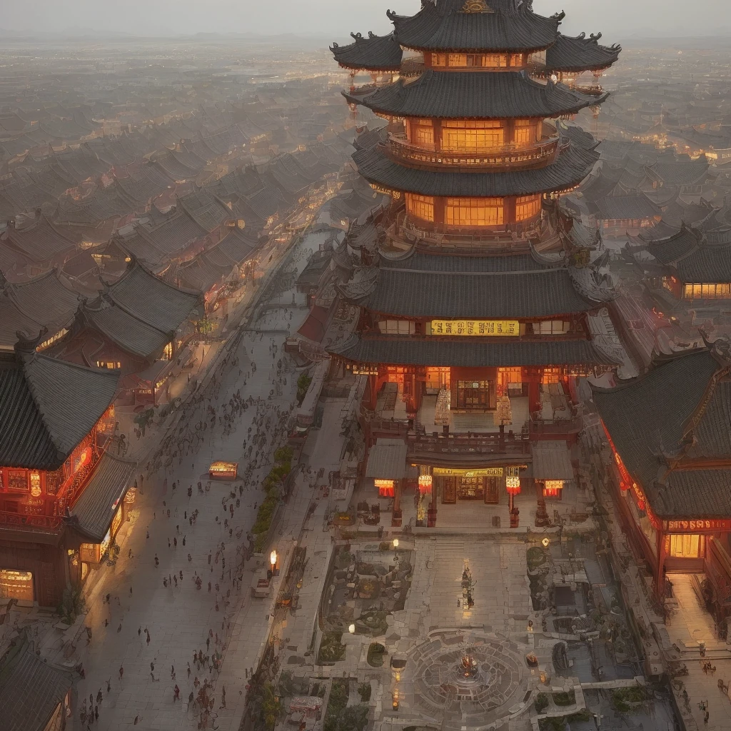 Hanshan Temple outside Gusu City, the midnight bell to the passenger ship, superb, masterpiece, illustration, wallpaper, absurd, bird&#39;s eye view, bird&#39;s eye view: 0.3