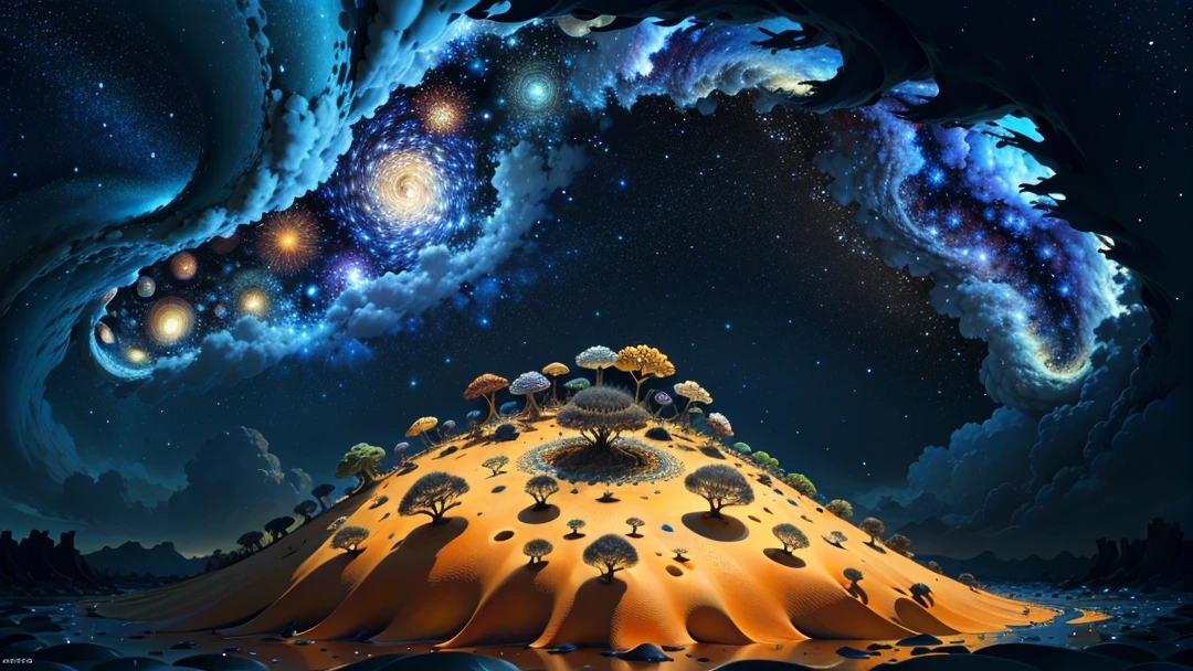 an anthill with the dimensions length = (√5 + 1)/2), width = (√5 + 1)/2), height = 1, with a theme of turbulence set to a starry night palette in a thunderstorm with cloud to ground lightning