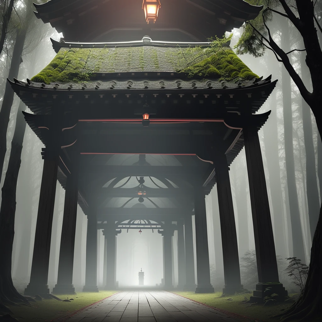 midnight, late night, scary, scary, shrine, forest behind, dark, real, main hall, old, old, white fog