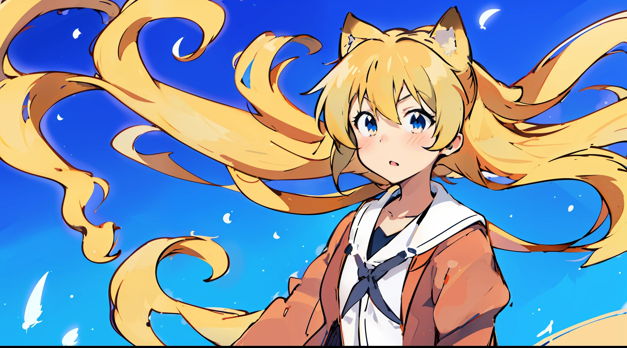 anime girl with long blonde hair and a brown jacket, anime moe artstyle, in anime style, twintails, foxgirl, anime catgirl, , rin, anime artstyle, by Shingei, in an anime style, kitsune, anime style character, in japanese anime style, shirabii, fox nobushi, cute anime catgirl