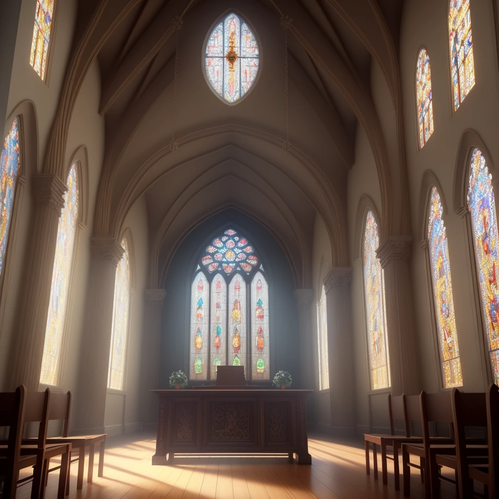 Wooden table in church interior, blurred background, natural lighting, product, isometric perspective, insanely detailed and intricate, hypermaximalist, elegant, hyper realistic, a highly detailed epic cinematic concept art CG Rendering, Beautiful Lighting, Accent Lighting, Global Lighting, Global Screen Space Lighting, Global Ray Tracing Lighting, 3D rendering, octane, perfect features, cinematic lighting,  Accent lighting, SSAA, smooth rendering