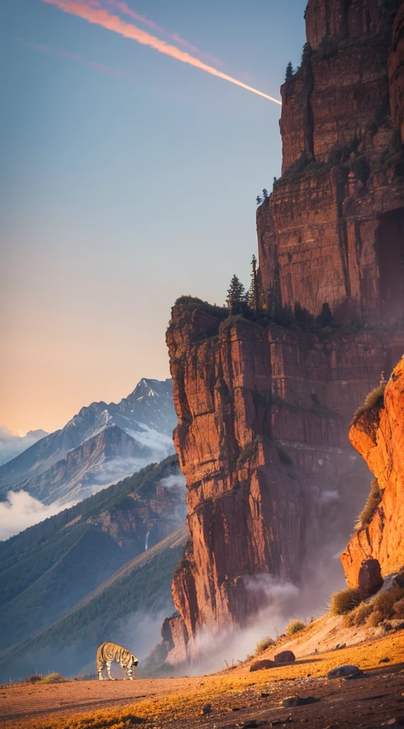 [虎年], [A ferocious tiger with black stripes, set against a mountainous landscape in vibrant shades of red and orange.], [The scene is set against a misty, mountainous backdrop, with towering peaks and lush vegetation framing the tiger.], [Tense and dramatic, the atmosphere is charged with an air of impending danger and exhilaration.], [The atmosphere is vibrant and energized, with the bold, fiery colors creating a sense of dynamism and excitement.], [The fiery light of the sun sets the mountain range ablaze with blazing hues, casting deep shadows and creating a sense of dimensionality that brings the scene to life.]