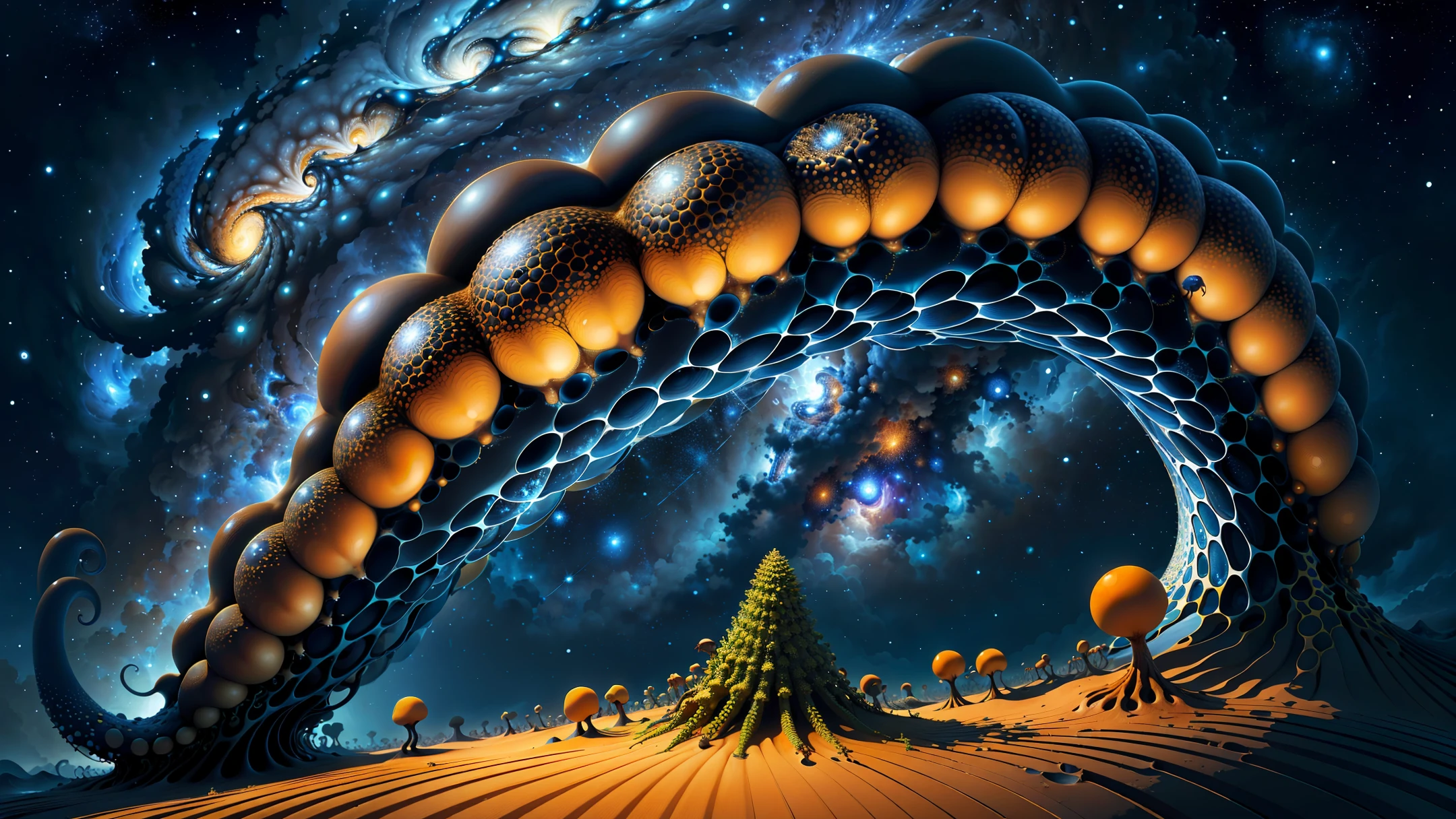 an anthill with the dimensions length = (√5 + 1)/2), width = (√5 + 1)/2), height = 1, with a theme of turbulence set to a starry night palette in a thunderstorm with cloud to ground lightning