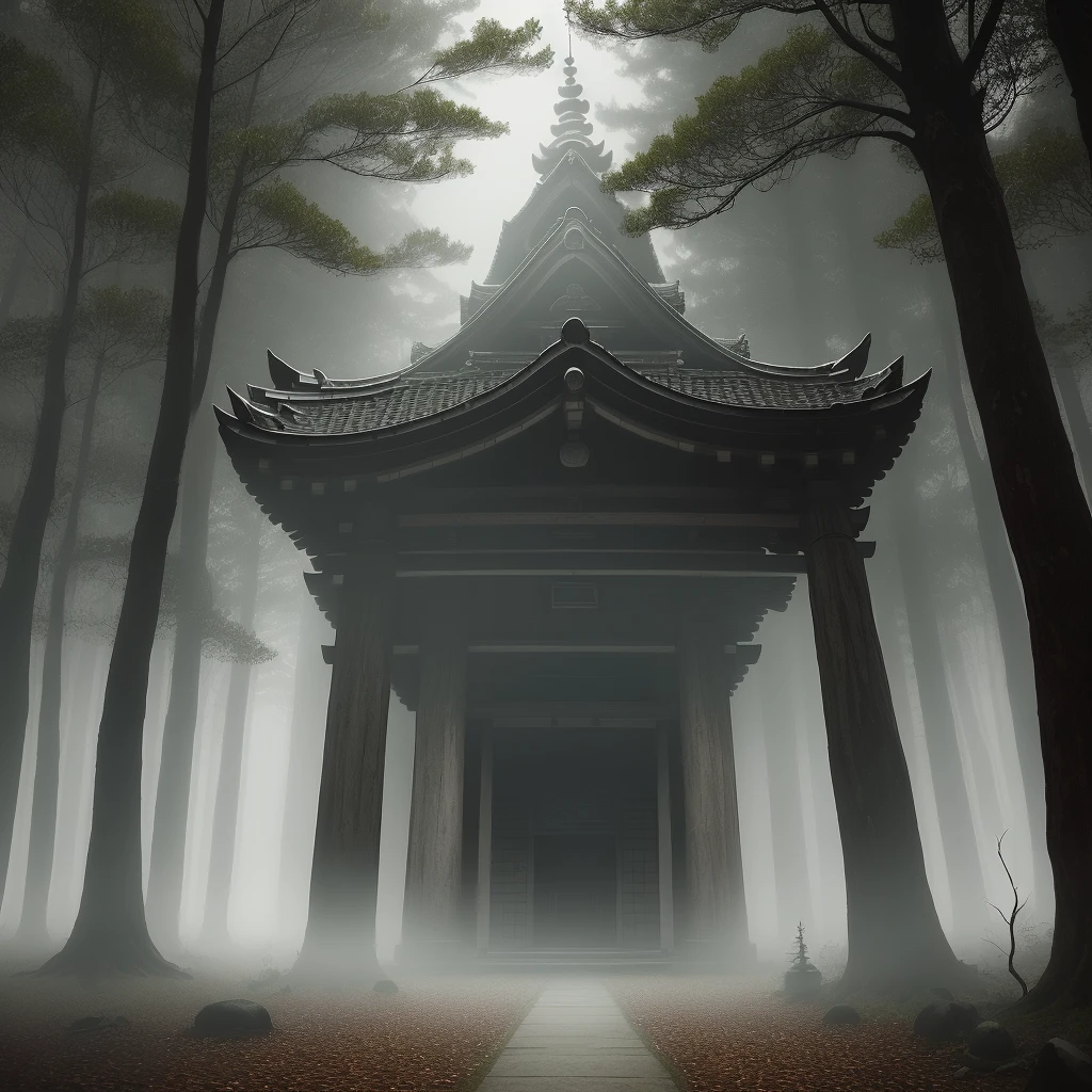 midnight, late night, scary, scary, shrine, forest behind, dark, real, main hall, old, old, white fog, outside