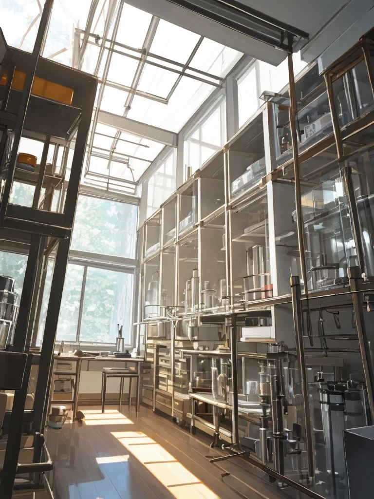 A biological laboratory, indoors, experimental instruments, wide-angle lenses,