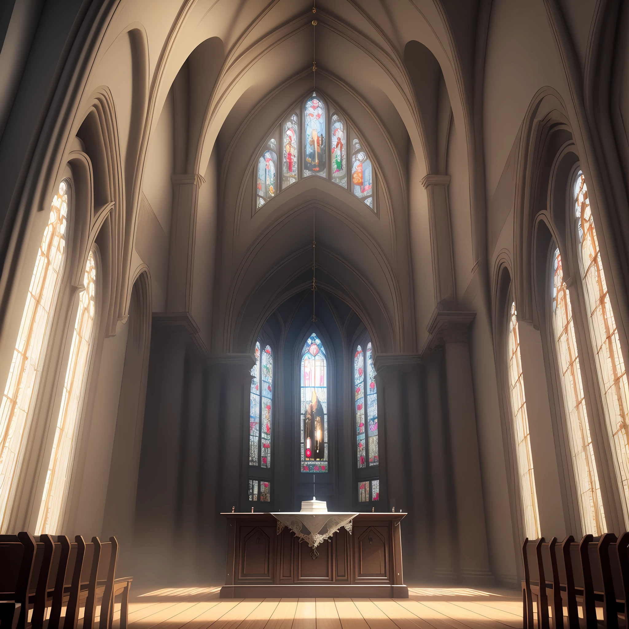 Wooden table in church interior, blurred background, natural lighting, product, isometric perspective, insanely detailed and intricate, hypermaximalist, elegant, hyper realistic, a highly detailed epic cinematic concept art CG Rendering, Beautiful Lighting, Accent Lighting, Global Lighting, Global Screen Space Lighting, Global Ray Tracing Lighting, 3D rendering, octane, perfect features, cinematic lighting, Accent lighting, SSAA, smooth rendering