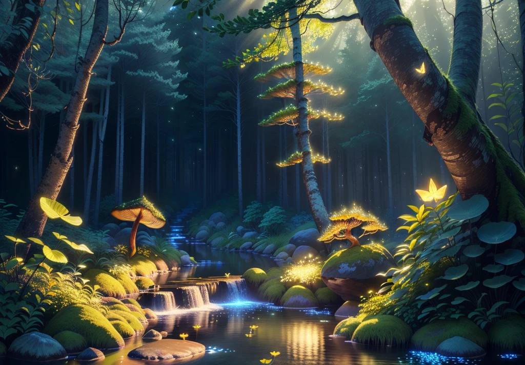 Masterpiece, highest quality, (highly detailed CG Unity 8K wallpaper), (highest quality), (best illustration), (best shadow), forest theme incorporating elements of nature. Surrounded by tall trees, quiet streams, glowing little mushrooms, delicate leaves and branches, glowing particle effect with fireflies, (natural elements), (jungle theme), (leaves), (branches), (fireflies), butterflies, (delicate leaves), (glow), (particle effects), isometric 3D, octane rendering, ray tracing, ultra detail