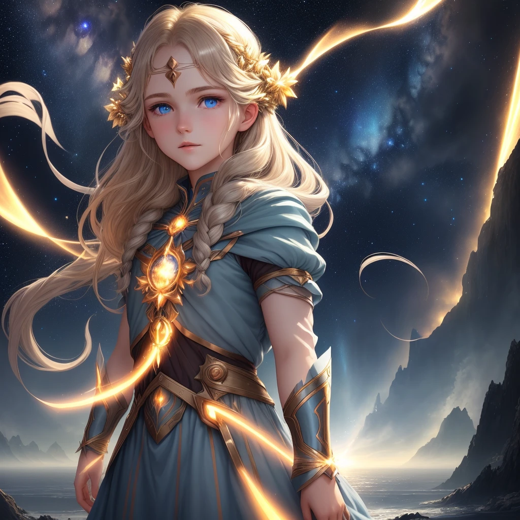 Astralia The awakening of the elements, a strong and brave man, dark hair, glowing eyes. A beautiful and talented woman, golden hair, twinkling blue eyes. Celestial background with bright stars and floating islands