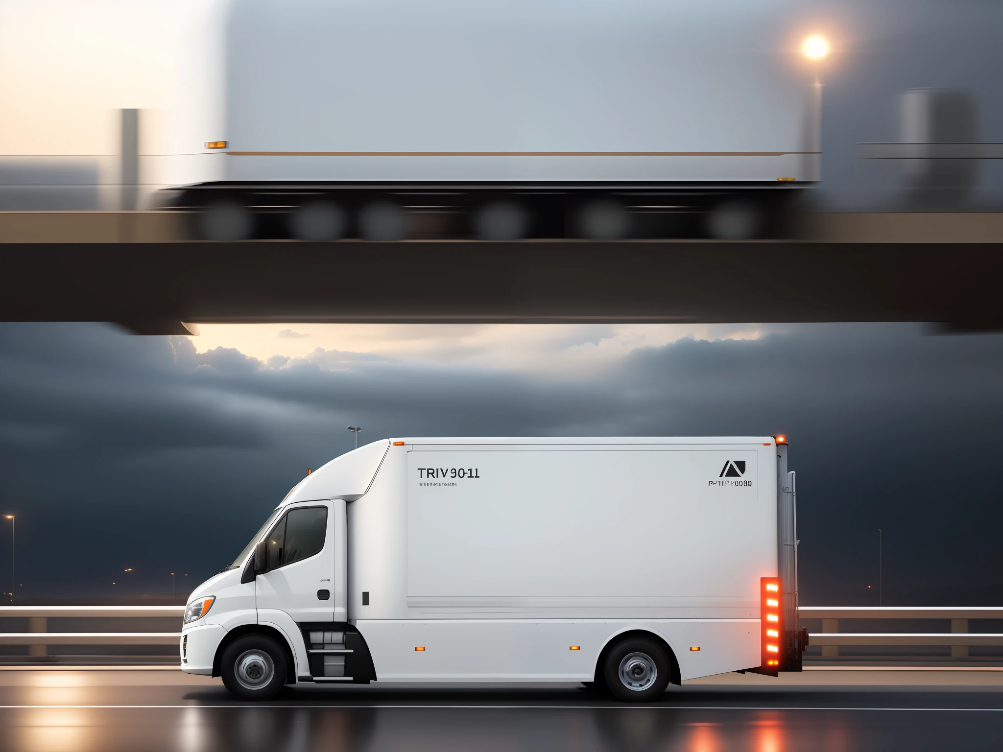 1RPTR side view, white delivery truck Hyundai Porter 1, on the highway, driving fast, (motion blur:1,2), LEDs, lights, RTX reflections, parking lights, twilight, award-winning masterpiece, sunset, cloudy sky, natural light, sharp focus, smooth, intricate details, 8K wallpaper, popular on ArtStation