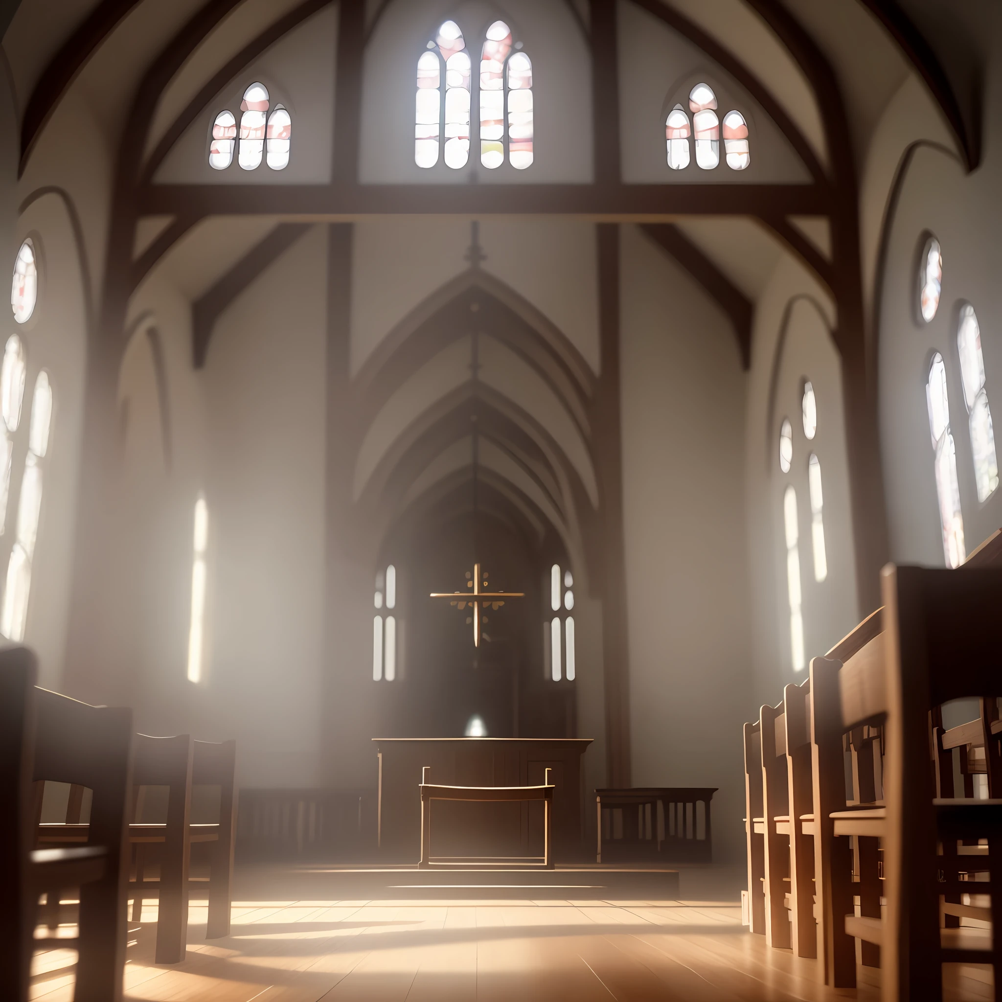 Wooden table in foreground in church interior, blurred background, natural lighting, cinematic lighting, accent lighting, SSAA, soft rendering