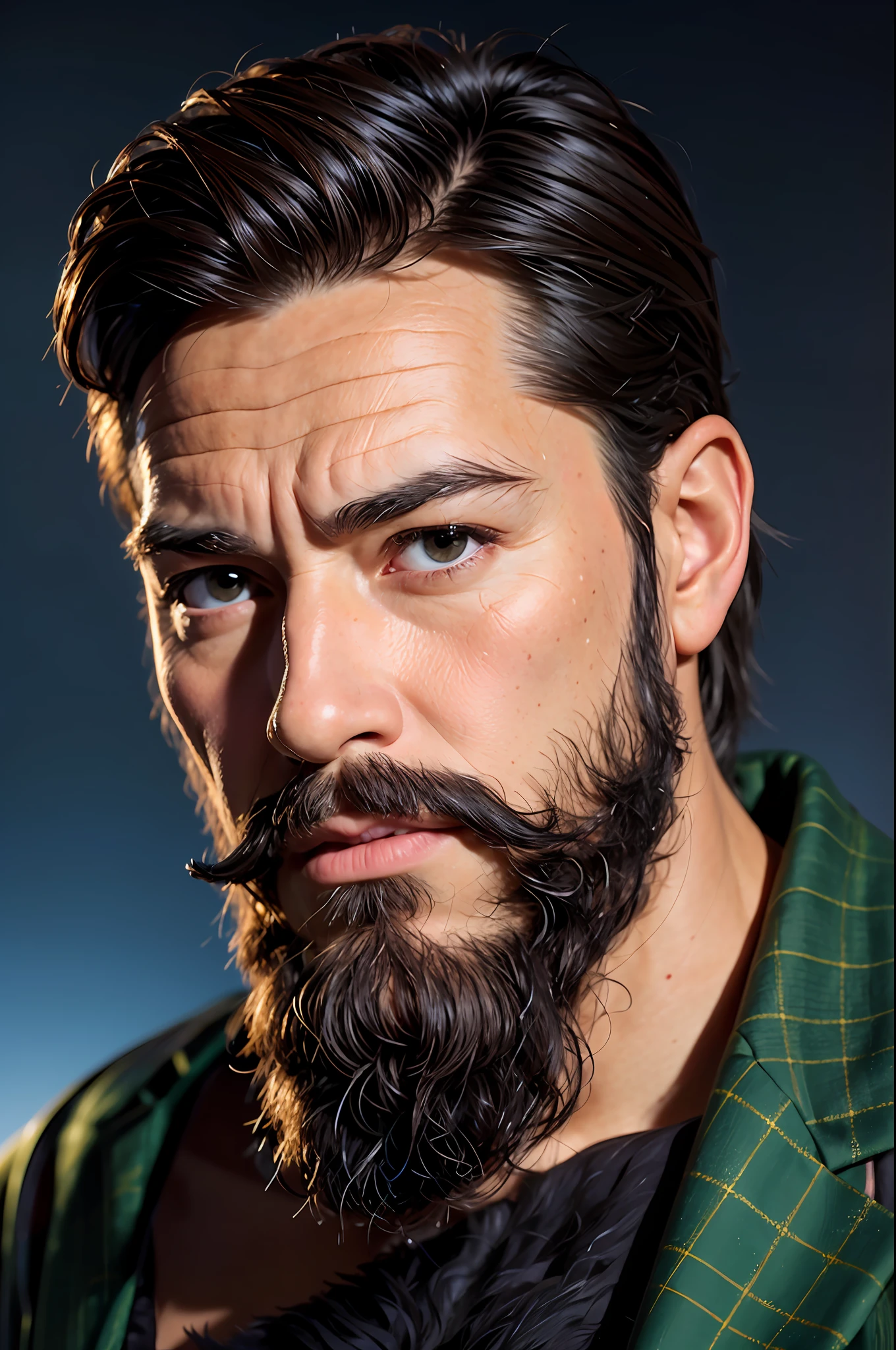 Mature male, mustache, half breast, frown, black hair, dark coat, 4k, high resolution, masterpiece, best quality, clear focus, (cinema lights), collarbone, [:( facial details: 1.2:0.2]