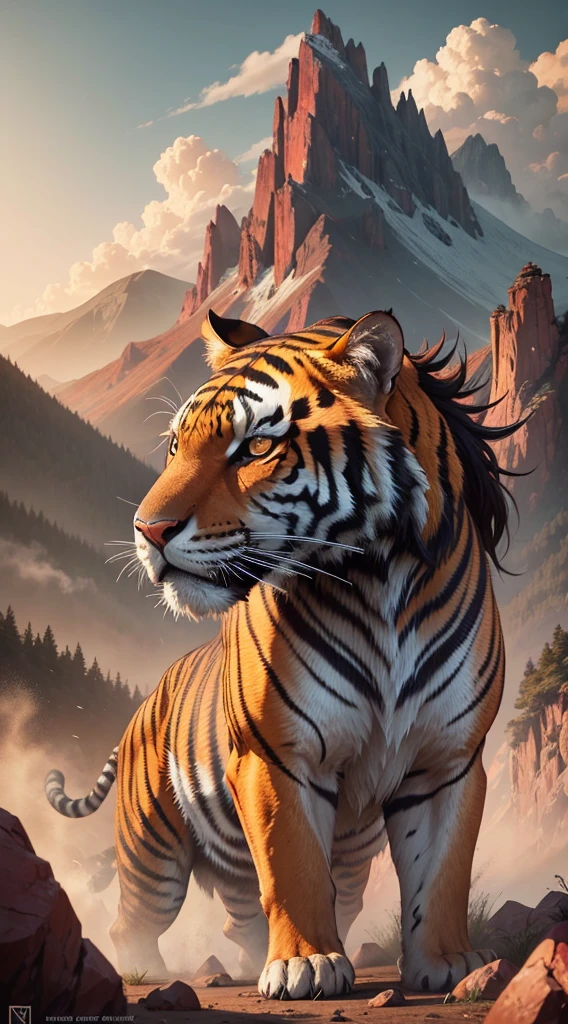 [虎年], [A ferocious tiger with black stripes, set against a mountainous landscape in vibrant shades of red and orange.], [The scene is set against a misty, mountainous backdrop, with towering peaks and lush vegetation framing the tiger.], [Tense and dramatic, the atmosphere is charged with an air of impending danger and exhilaration.], [The atmosphere is vibrant and energized, with the bold, fiery colors creating a sense of dynamism and excitement.], [The fiery light of the sun sets the mountain range ablaze with blazing hues, casting deep shadows and creating a sense of dimensionality that brings the scene to life.]