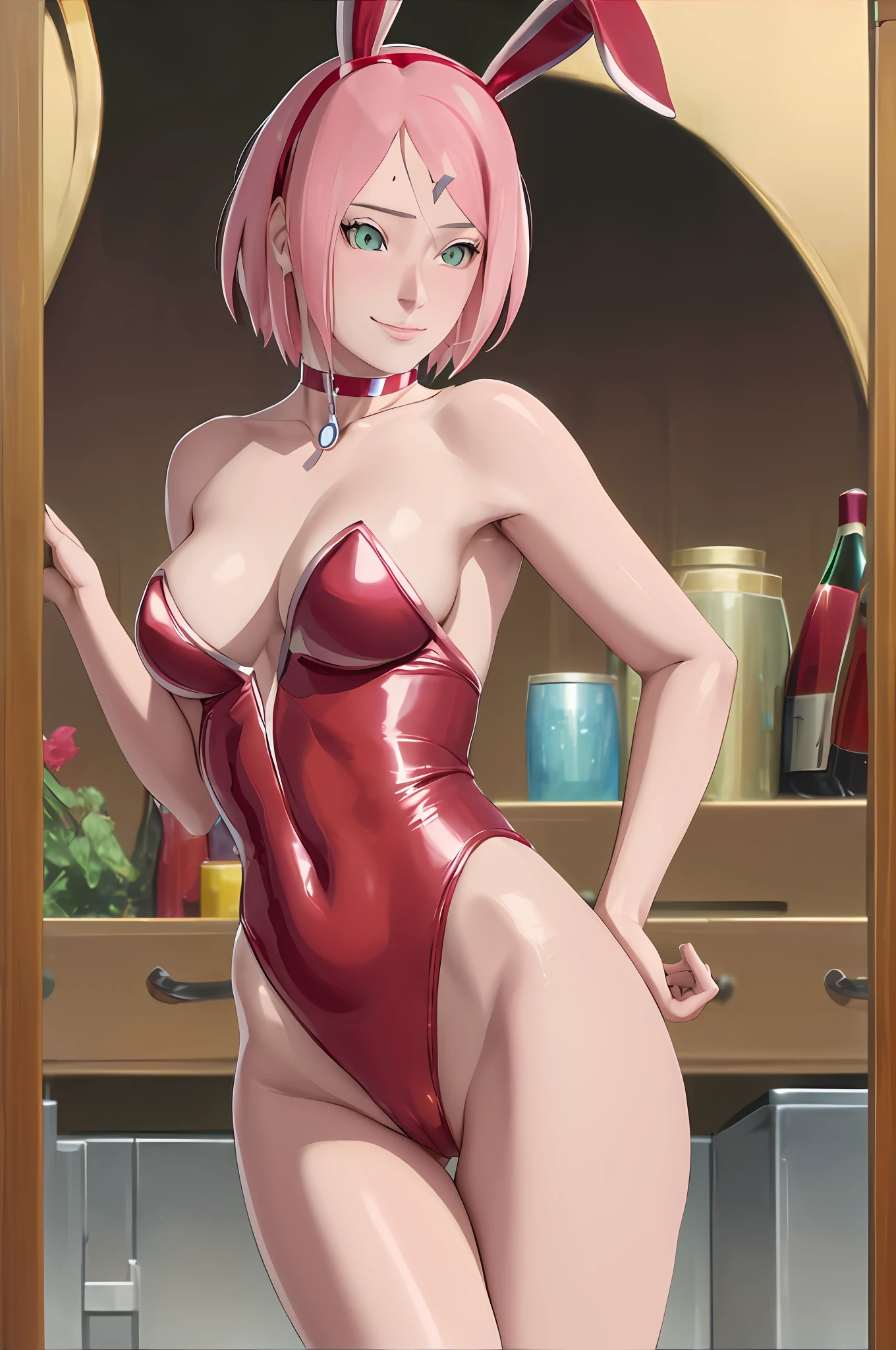 masterpiece, absurdres , (intricate details), (colorful),cinematic lighting,bust shot,extremely detailed CG unity 8k wallpaper,1girl, haruno sakura,forehead mark,fake animal ears,choker, swimsuit,red leotard, playboy bunny, tray,champagne,  smile, looking at viewer,  cowboy shot,