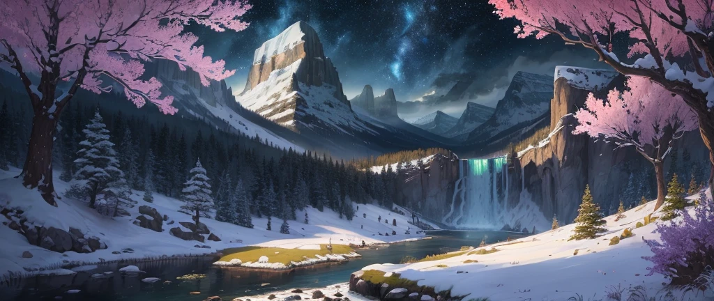 (Masterpiece, illustration, best quality, detailed, high resolution: 1.4), at a distance Colorful, vibrant, lush, volumetric lighting, contrast, Depth of field from a distance landscape, Landscape painting, Concept art, Intricate tiny details, Stylized, Cloudy sky, starry sky at night under moonlight Fantasy, Tyndall effect, wild scenery with Zelda breath snow, waterfall, blooming trees, grass flowers, Rocky Mountains and crystal forest snow in the background, (Fantasy Magic: 1.4)