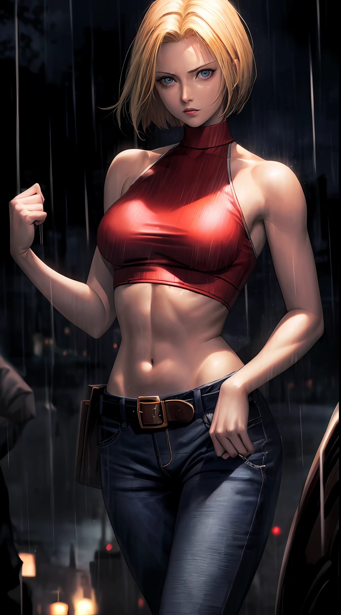Maryms, Best Quality, (Beauty), Masterpiece, 1 female, physical rendering, thin waist, big eyes, (small breasts), puffy eyes, night, (Rain Castle), brightened skin, facing the audience, determined expression, facing the camera, red top, jeans, street background,