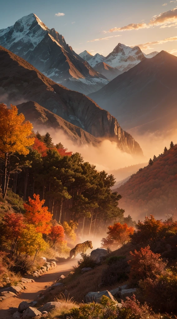 [虎年], [A ferocious tiger with black stripes, set against a mountainous landscape in vibrant shades of red and orange.], [The scene is set against a misty, mountainous backdrop, with towering peaks and lush vegetation framing the tiger.], [Tense and dramatic, the atmosphere is charged with an air of impending danger and exhilaration.], [The atmosphere is vibrant and energized, with the bold, fiery colors creating a sense of dynamism and excitement.], [The fiery light of the sun sets the mountain range ablaze with blazing hues, casting deep shadows and creating a sense of dimensionality that brings the scene to life.]