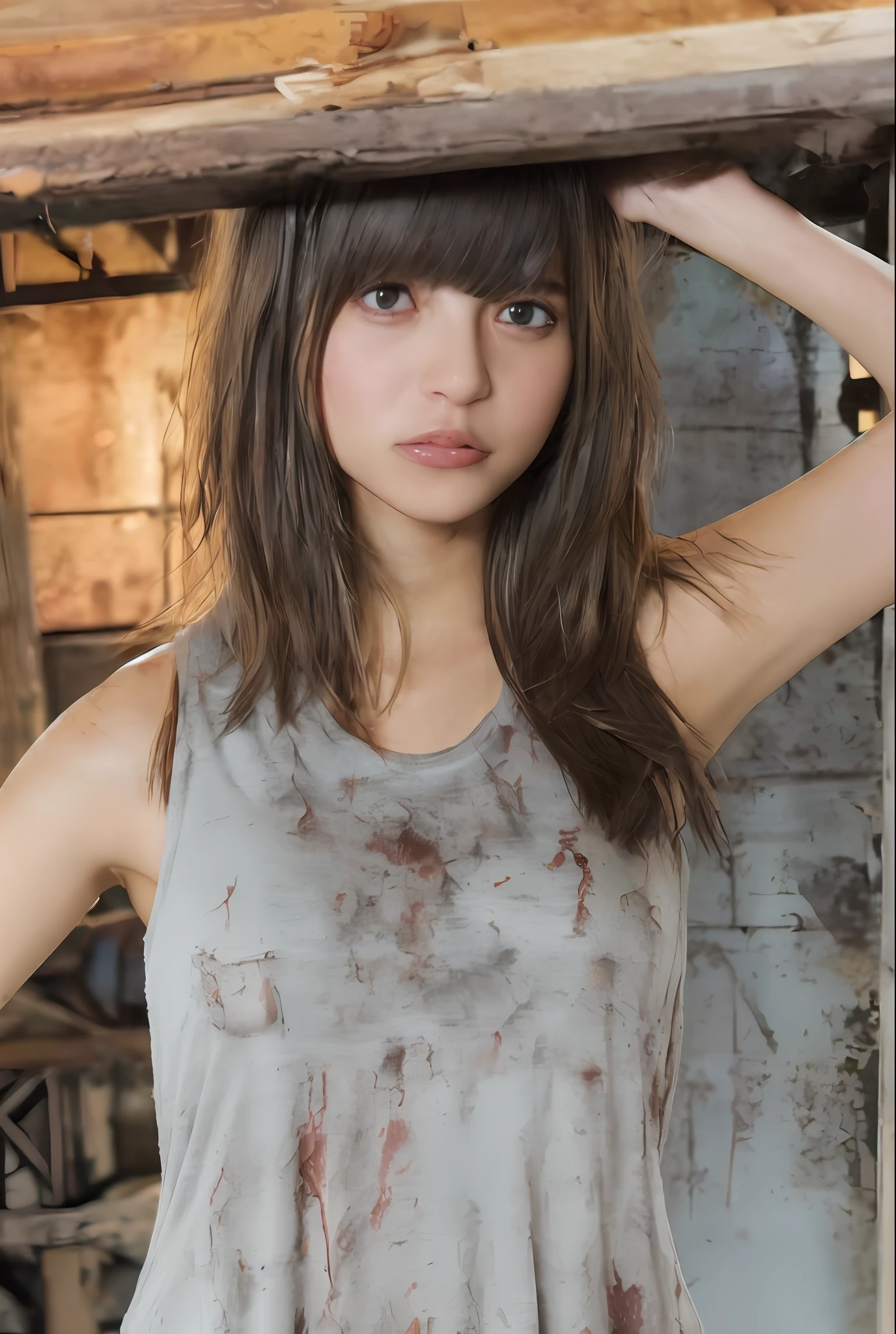 ((Woman in sexy, worn-out torn cotton tank top in cluttered barn)), ((Detailed and realistic face and eyes)), Cinematic lighting, 8K resolution, (Model shooting style), Sunset, (from_below:1.4), Soft little cover by (ripped cotton tank top) Natural breasts