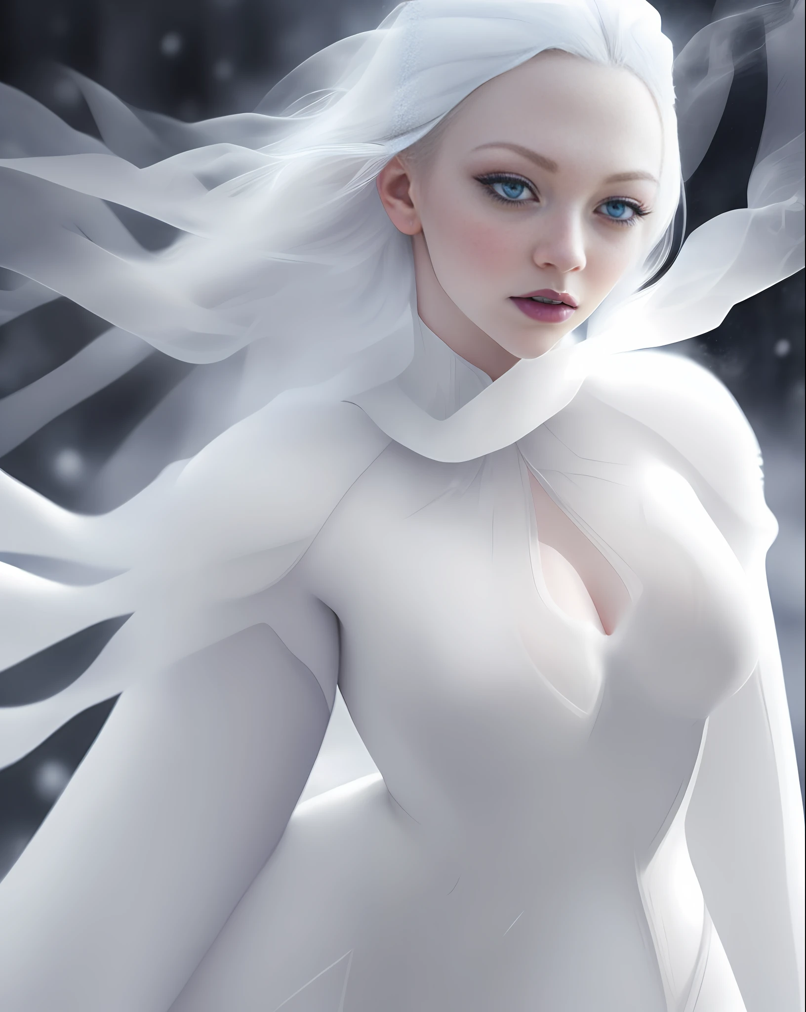 AMANDA SEYFRIED with breasts covered by ice and snow, hyper realistic intricate skin, light white translucent fabric as smoke, blue eyes, white hair, black lipstick, white eyebrow, smoky makeup, cold place, falling snow, blizzard, white gloves, white background, snowflakes, ice, lots of fog in the background, (photo with better quality, a masterpiece, sensuality and elegance, depth of field, HD, photograph taken by Sony R7 camera with 85mm Full frame lenses, f1.2 aperture), portrait style