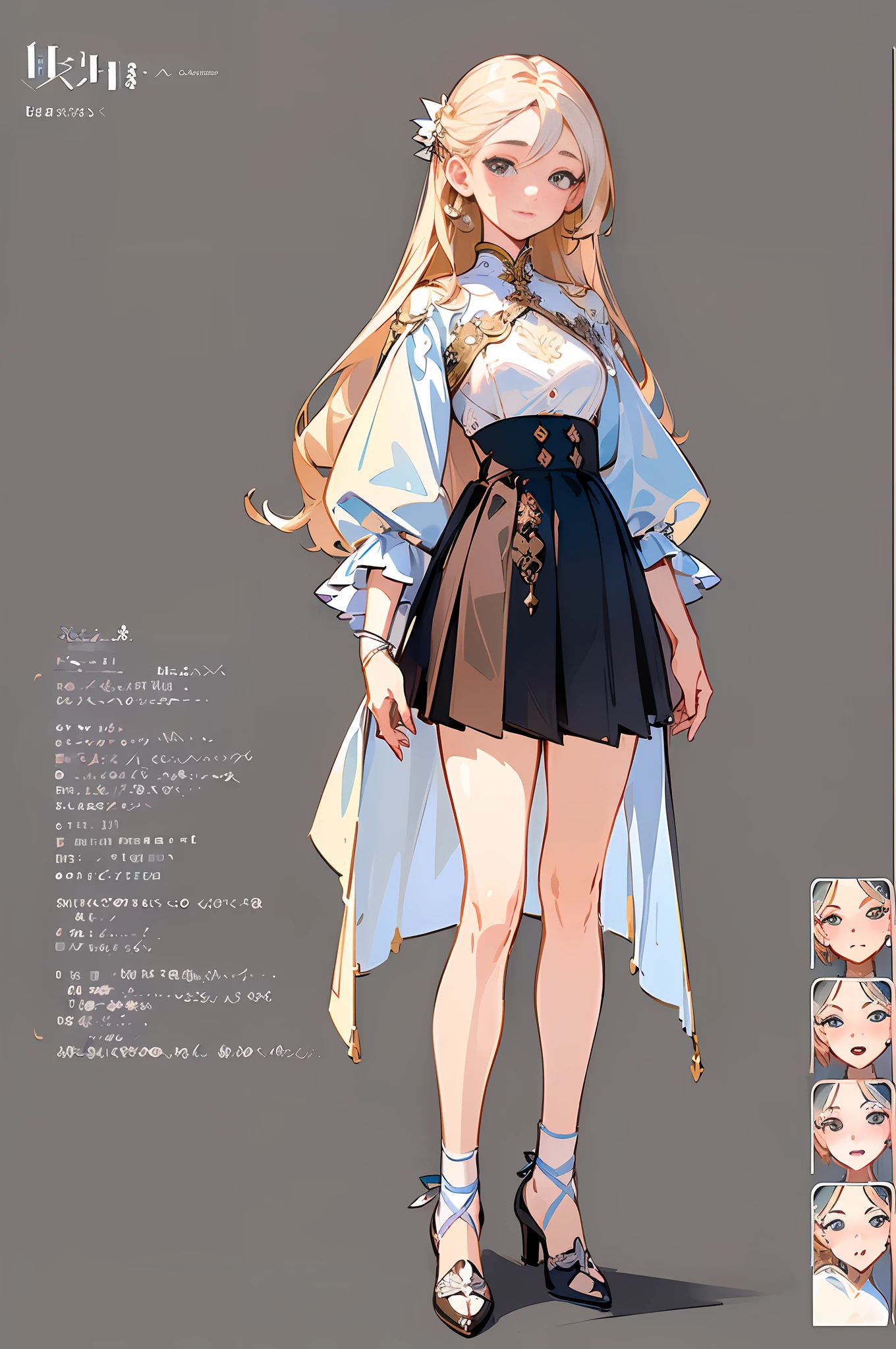 ((masterpiece))), (((best quality))), ((ultra-detailed)), (highly detailed illustration), ((an extremely delicate and beautiful face)),(cute and delicate face), cinematic light ,,1 young girl, ((character sheet)), (concept art), ((full body)), (masterpiece:1.2), (best quality:1.3), 1girl, standing, (single background, White background: 1.3), pleated skirt, high waist skirt,