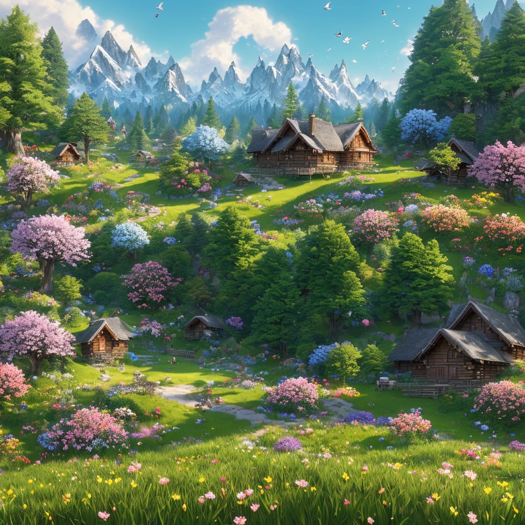 Masterpiece, best quality, (very detailed CG unity 8k wallpaper), (best quality), (best illustration), (best shadow), (round log cabin covered with flowers)), many cabins around, (big trees, mountains, flocks of birds in the distance), (many flowers on the grass)), isometric 3D, octane rendering, ray tracing, fantasy, dreamy, colorful, very detailed