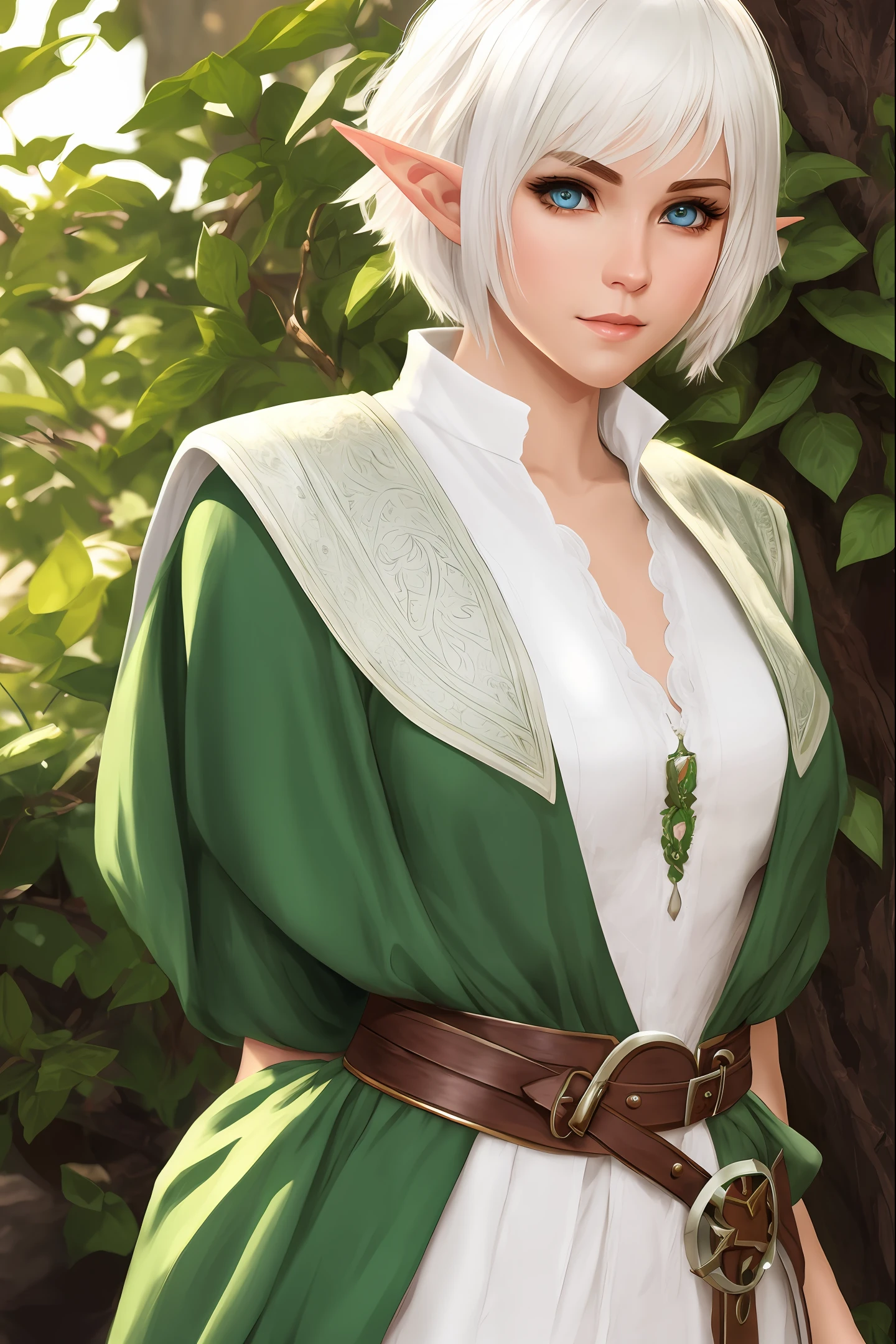 An elf with short white hair, light eyes, feminine in a realistic rpg style