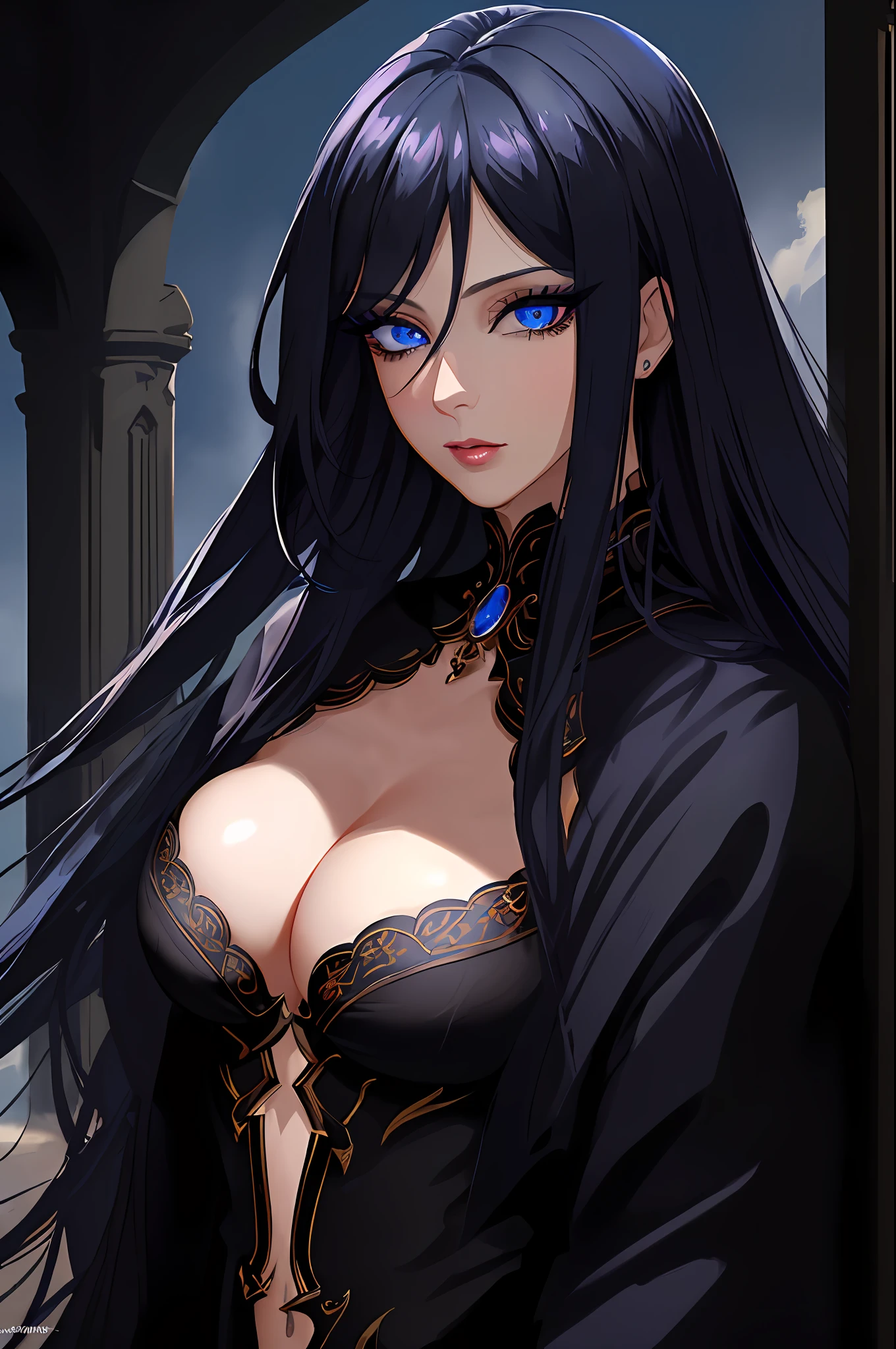 masterpiece, best quality, 8K, 1girl, older MILF, black hair, vibrant blue eyes, long hair with fringe, black makeup, detailed_eyes, thick_eyelashes, ((close_up, portrait)), (outdoor background), fantasy, mage, cleavage (((small breast)))