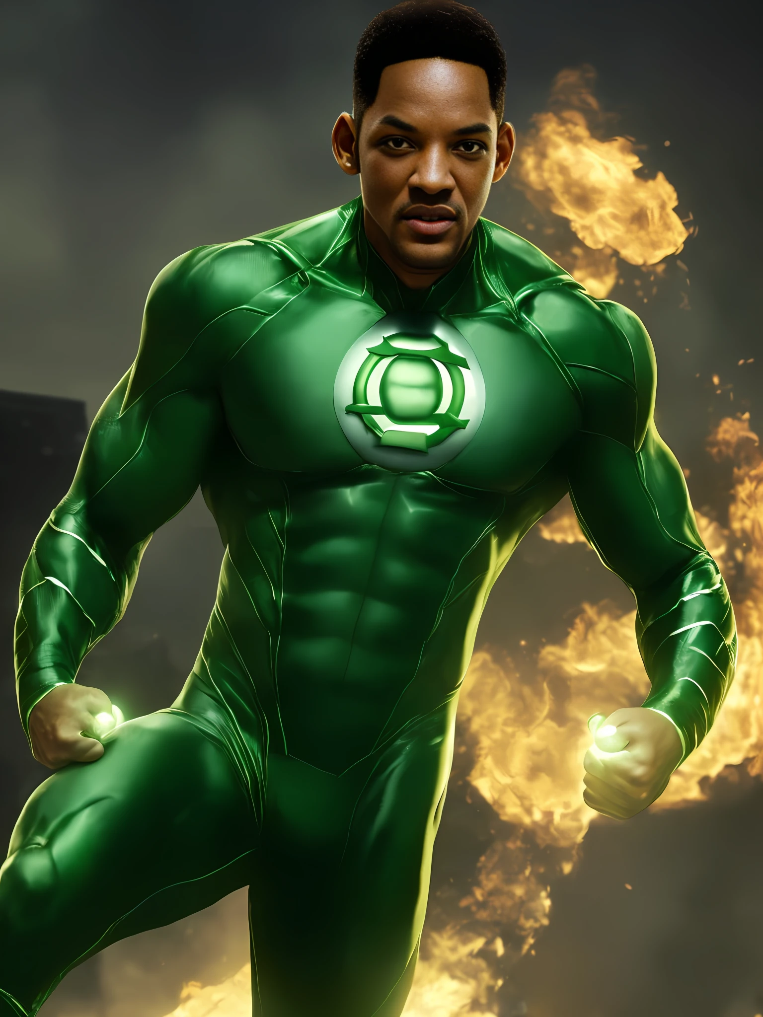 (high quality, ultra-realistic, 8k octane rendered, digital illustration) 
of Will Smith dressed as (Green Lantern:1.2) from the movie Green Lantern in a (dark:0.9) city. (Muscular body, depth of field, volumetric lights, sharp focus, ultra realistic skin texture). It is night. Buildings burning background, smokey environment. (Intricate details, impressive quality, Epic artwork, trending on Artstation.