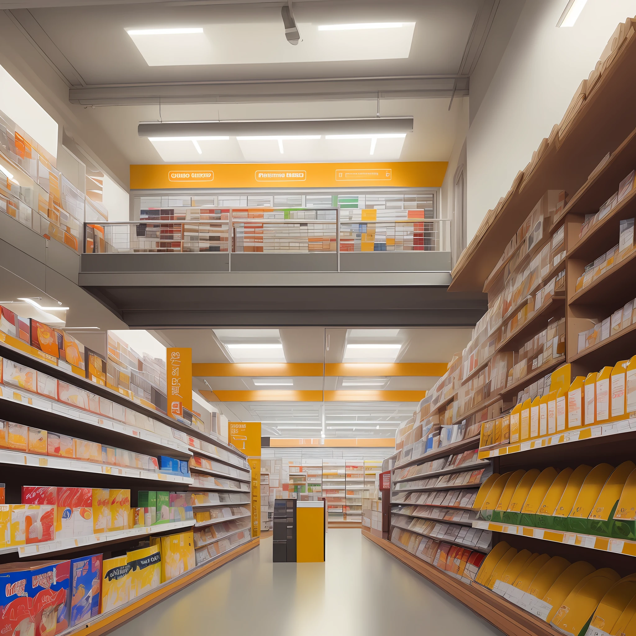 (ultra-detailed, best quality, masterpiece), a building materials store (a kind of B&Q store), self-service service, dynamic, medium plan, sunny environment, lots of light, vibrant colors, bright white, vibrant red and yellow details.