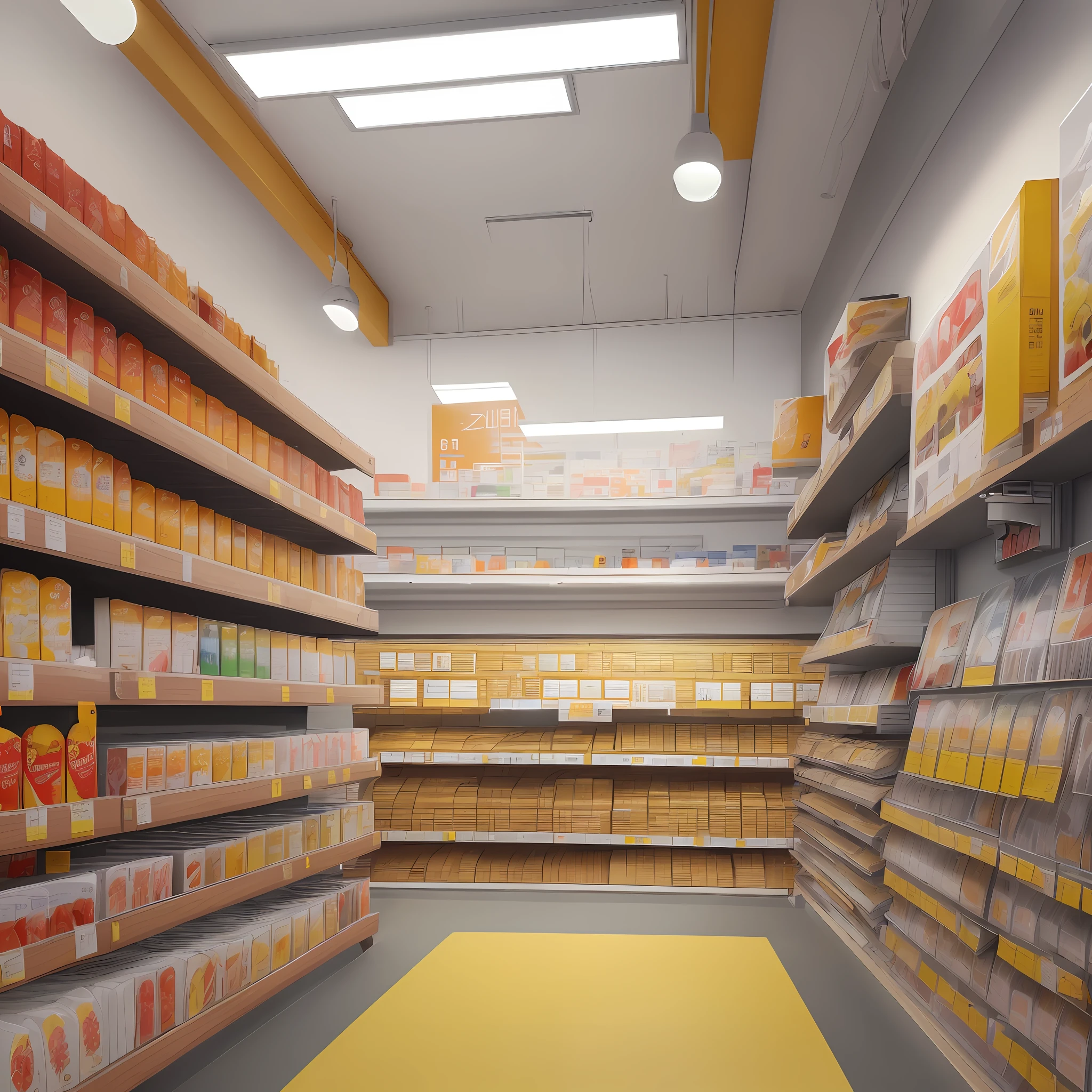 (ultra-detailed, best quality, masterpiece), a building materials store (a kind of B&Q store), self-service service, dynamic, medium plan, sunny environment, lots of light, vibrant colors, bright white, vibrant red and yellow details.