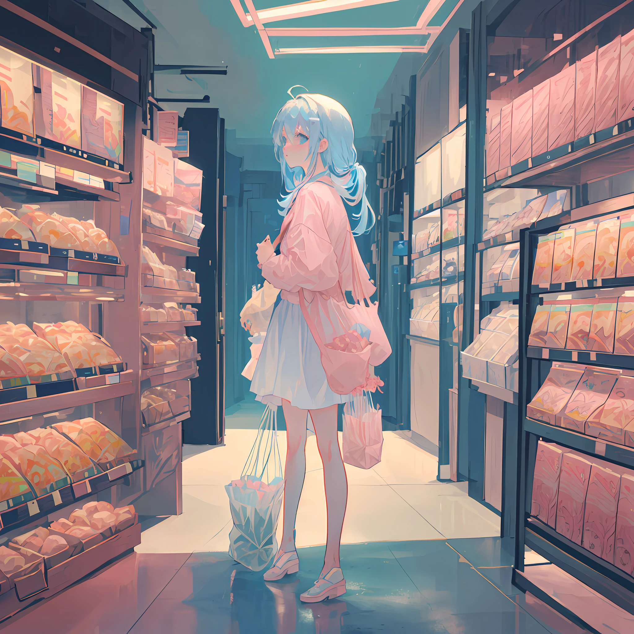 Masterpiece, best quality, a girl with long light blue hair, soft pink clothes, picking out food in a mall holding a shopping bag