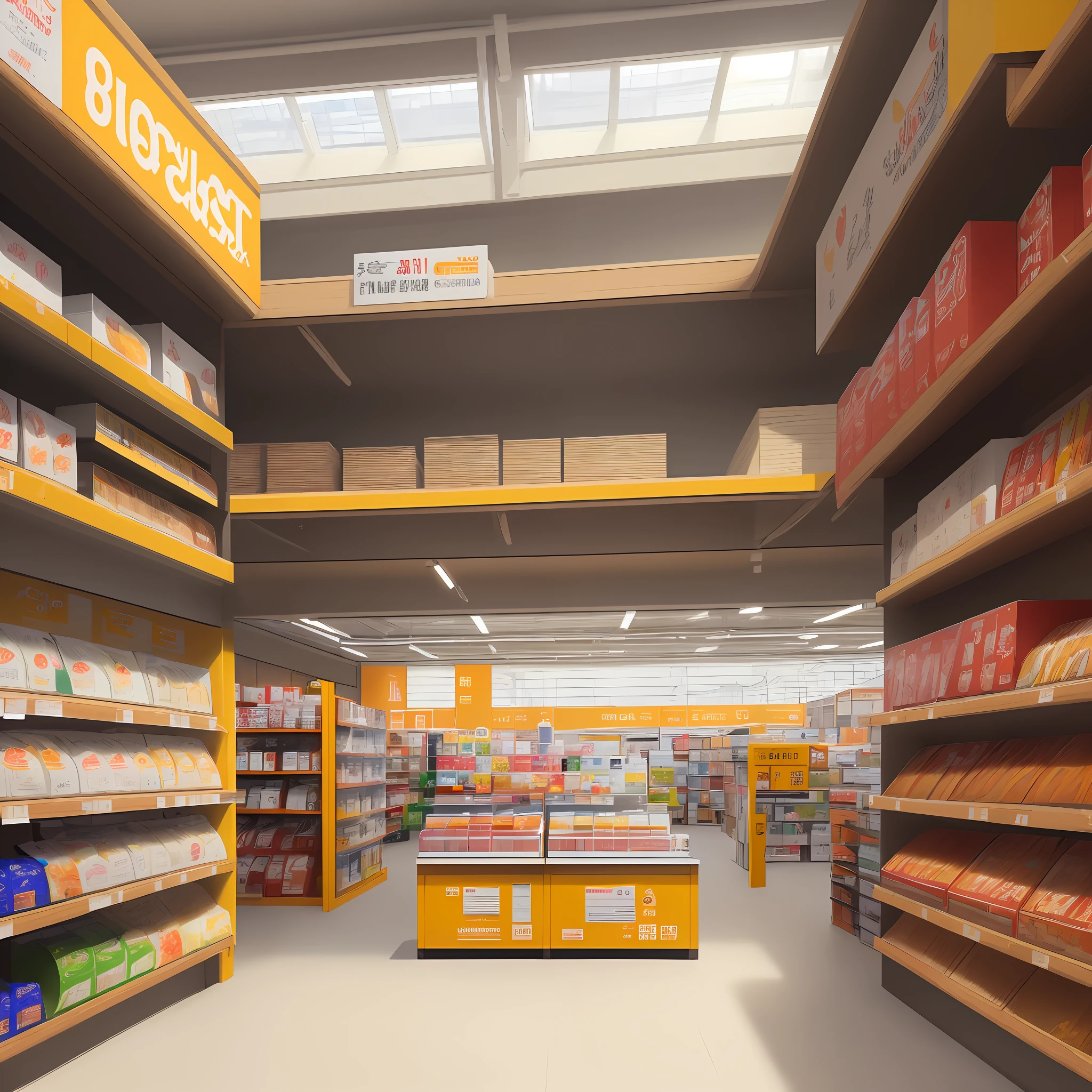 (ultra-detailed, best quality, masterpiece), a building materials store (a kind of B&Q store), self-service service, dynamic, medium plan, sunny environment, lots of light, vibrant colors, bright white, vibrant red and yellow details.